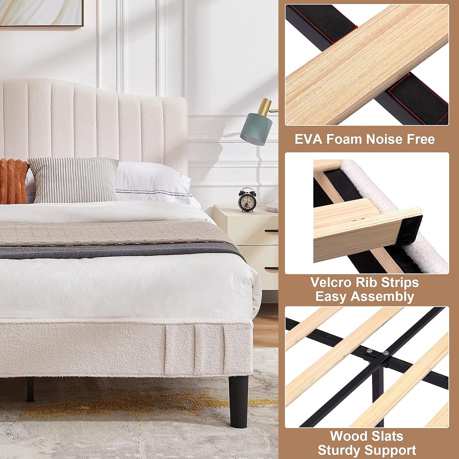 VECELO Upholstered Platform Bed Frame with Sheepskin Fabric Adjustable Headboard/Strong Wood Slats Supports - VECELO