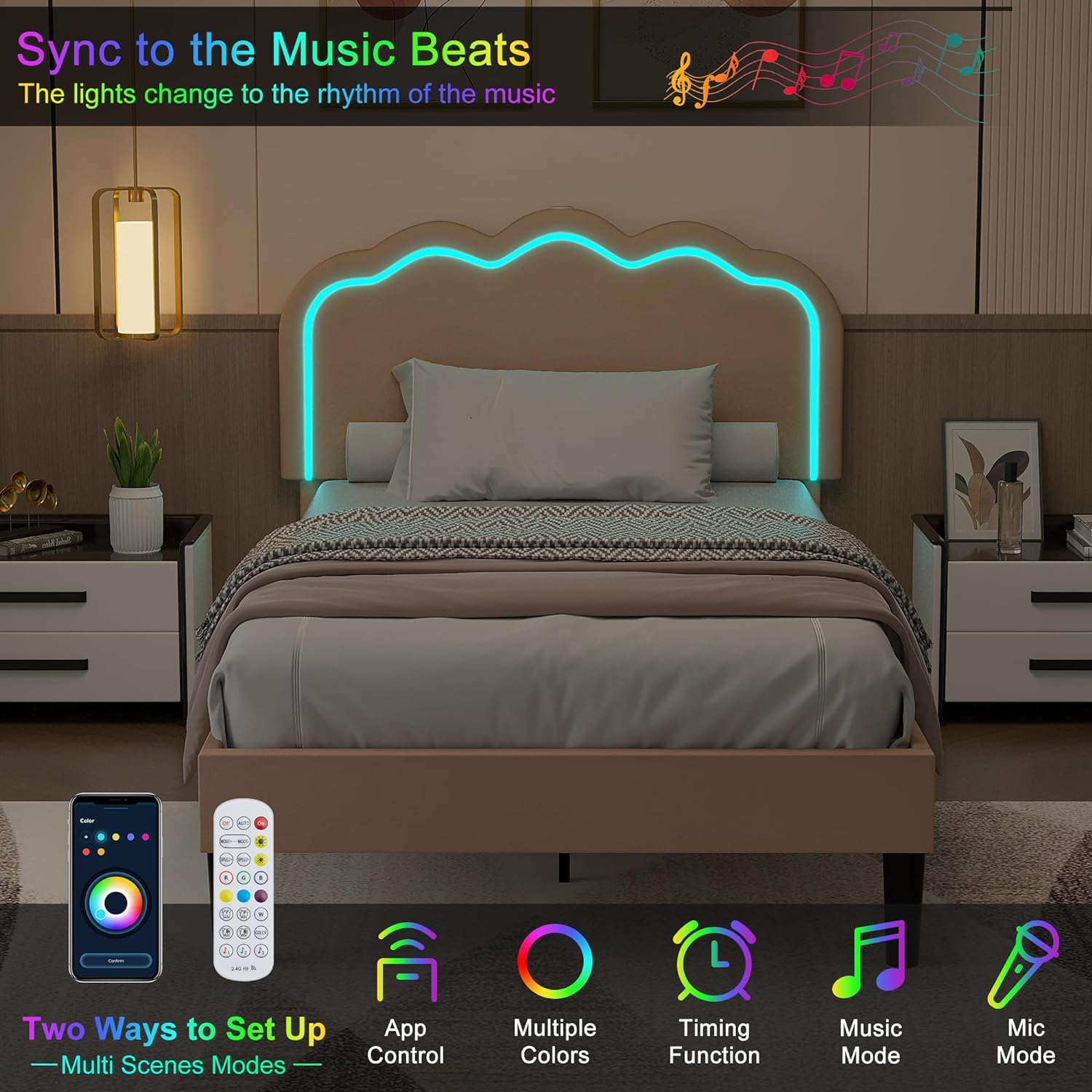 VECELO Upholstered Velvet Platform Bed Frame with Headboard Adjustable, LED Lights, USB-A & Type-C - VECELO