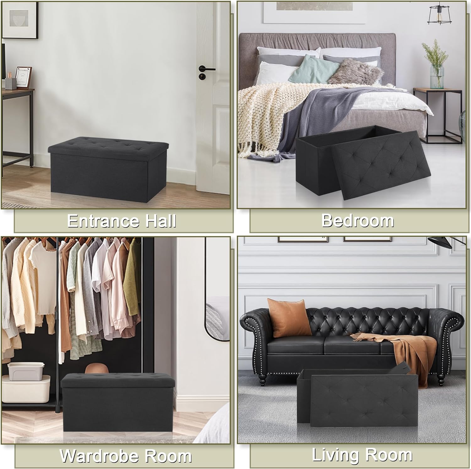 VECELO Folding Storage Ottoman Bench, Storage Chest, Linen Fabric - VECELO
