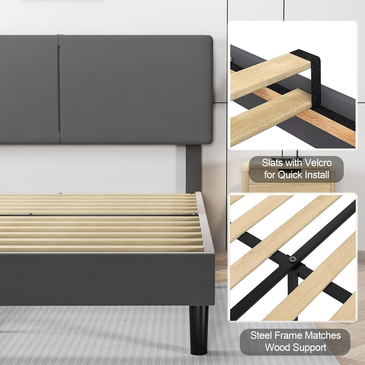 VECELO Twin/Full/Queen Bed Frame Upholstered Platform with Type-C & USB Ports Height-Adjustable Cotton and Linen Headboard - VECELO