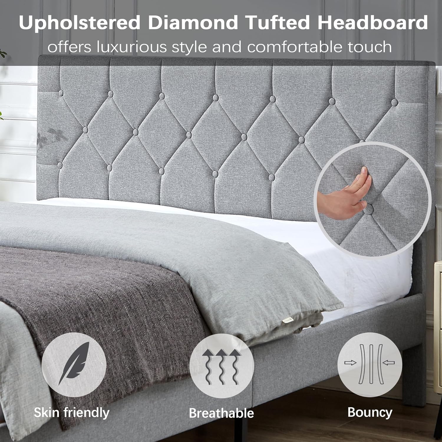 VECELO Bed Frame, Upholstered Platform with Adjustable Diamond Tufted Headboard - VECELO