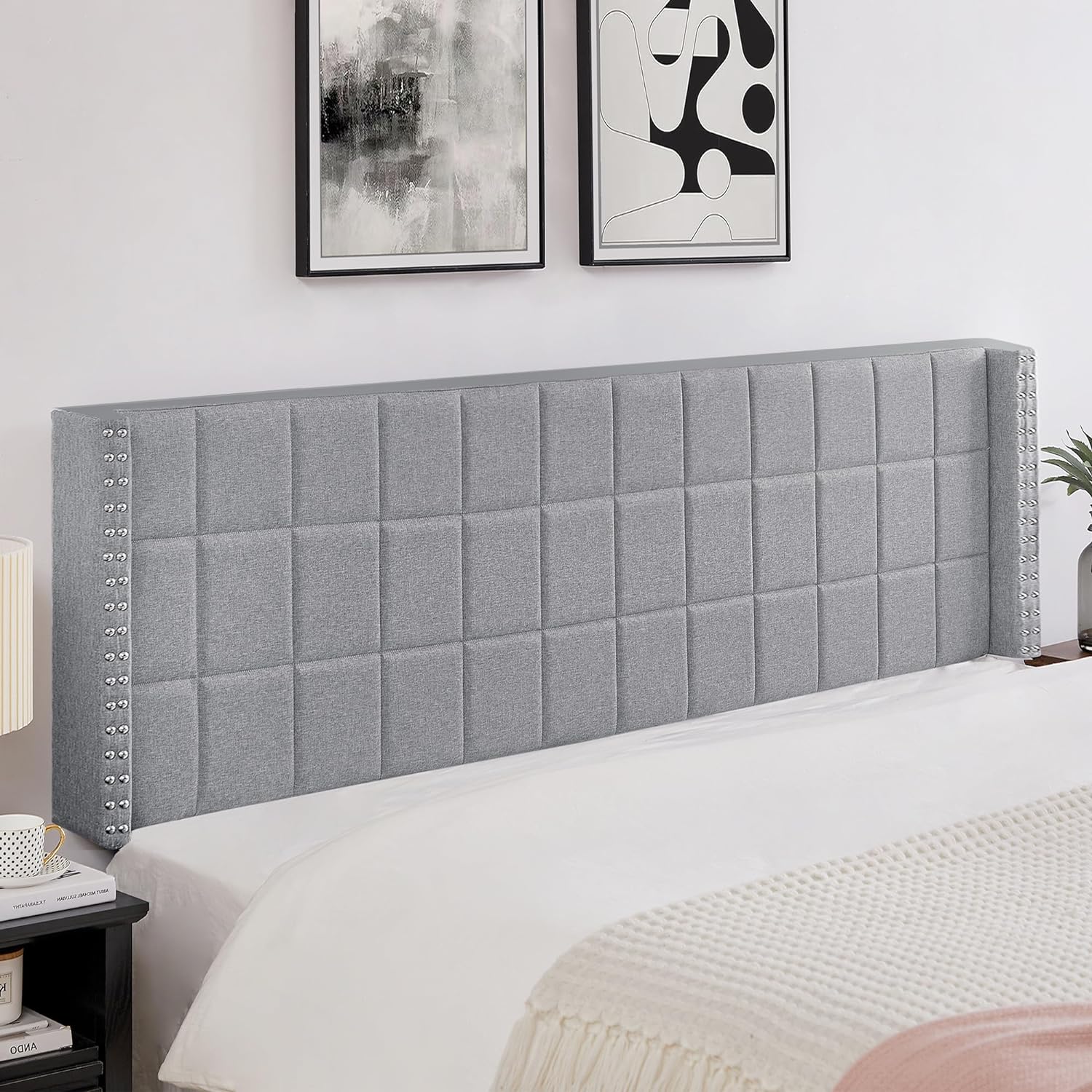 VECELO Linen Upholstered Headboard for Queen/King Size Bed, Tufted Nailhead & Double Wingback for Bedroom - VECELO