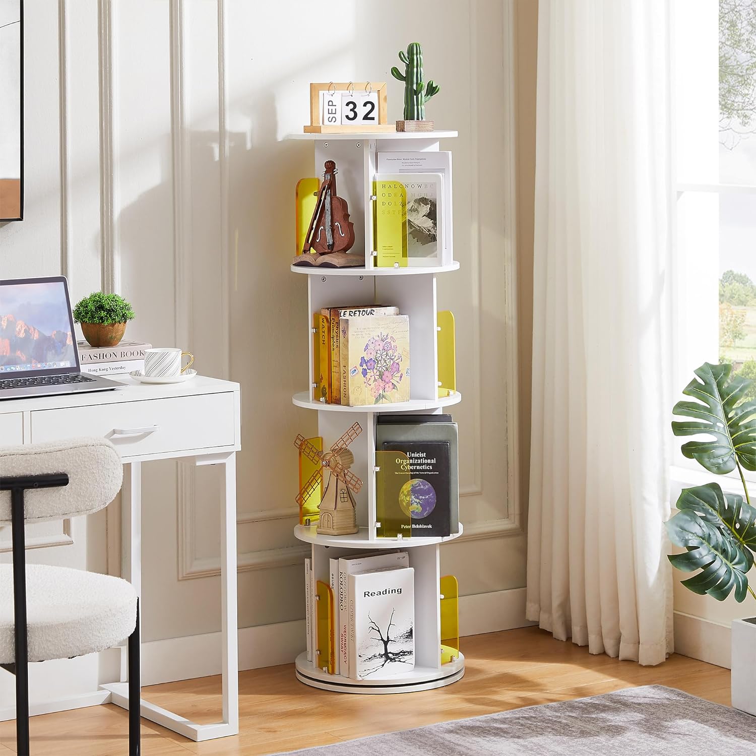 VECELO Rotating Bookshelf with Acrylic Display Window Partition - VECELO