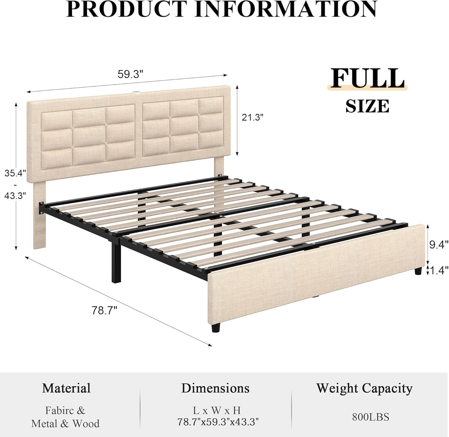 VECELO Bed Frame with 4 Drawers, Adjustable Tufted Button Headboard - VECELO