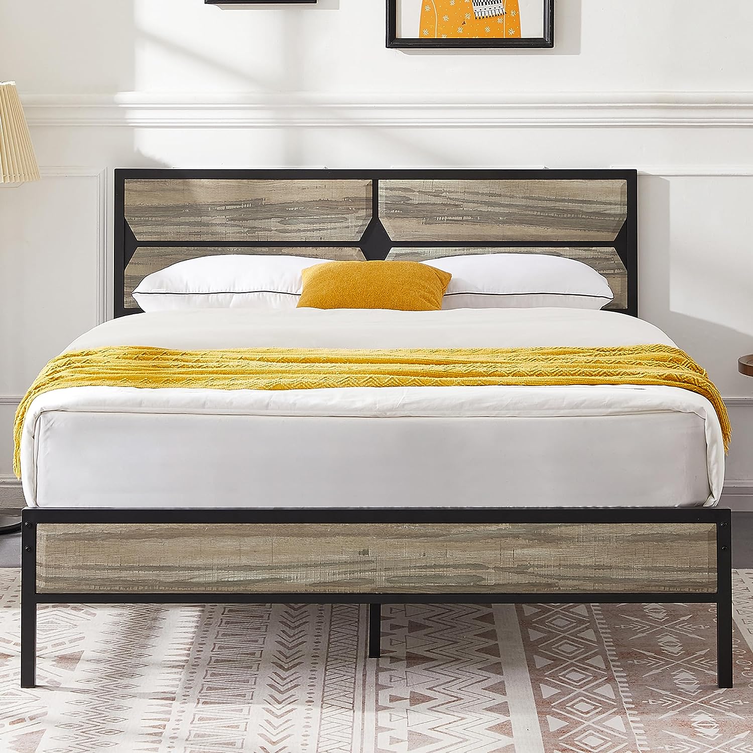 VECELO Metal Bed Frame Platform with Wooden Headboard&Footboard Mattress Foundation - VECELO