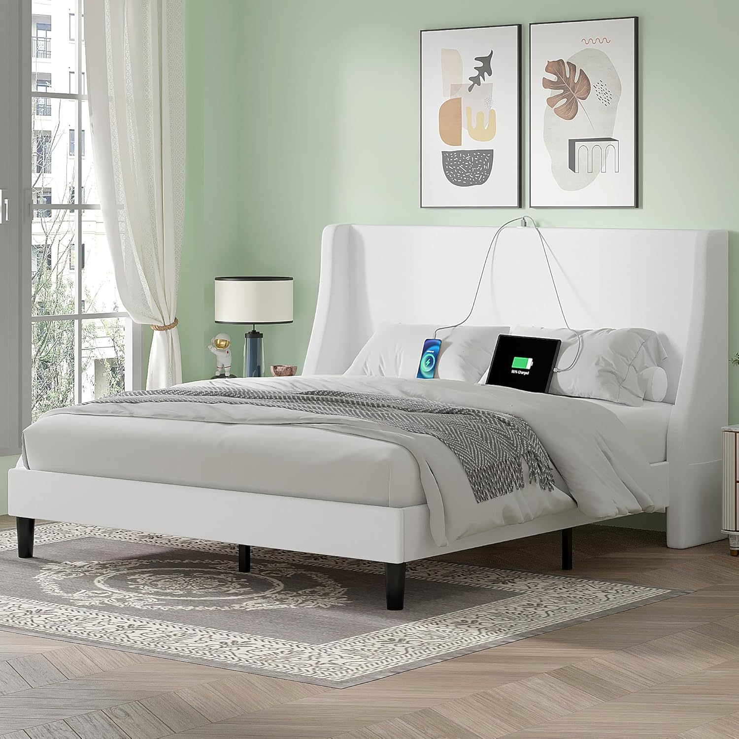 VECELO Bed Frame with Upholstered Wingback Headboard - VECELO