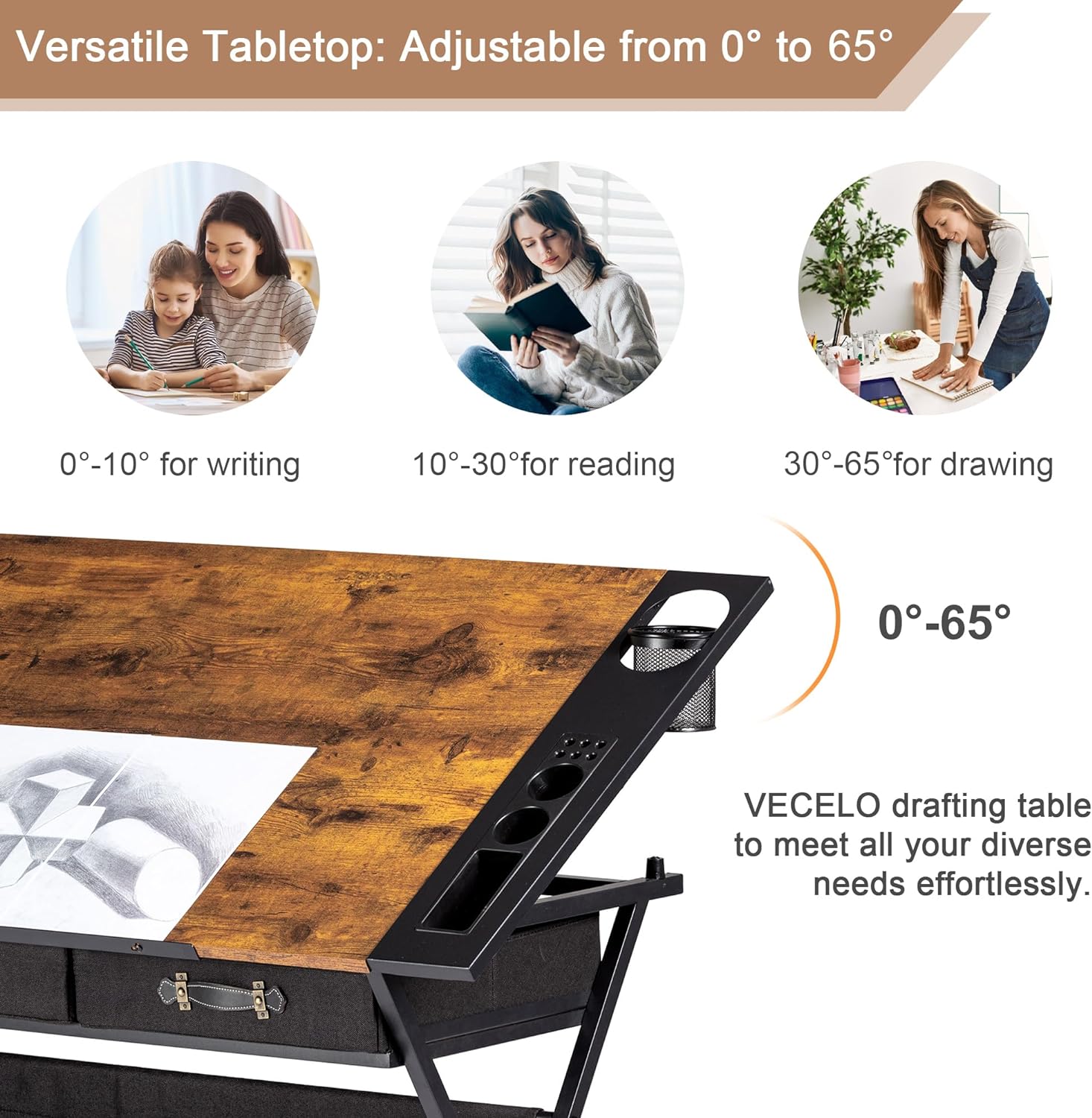 VECELO Drafting Table Adjustable Desk Tilted Tabletop with 2 Storage Drawers and Stool - VECELO
