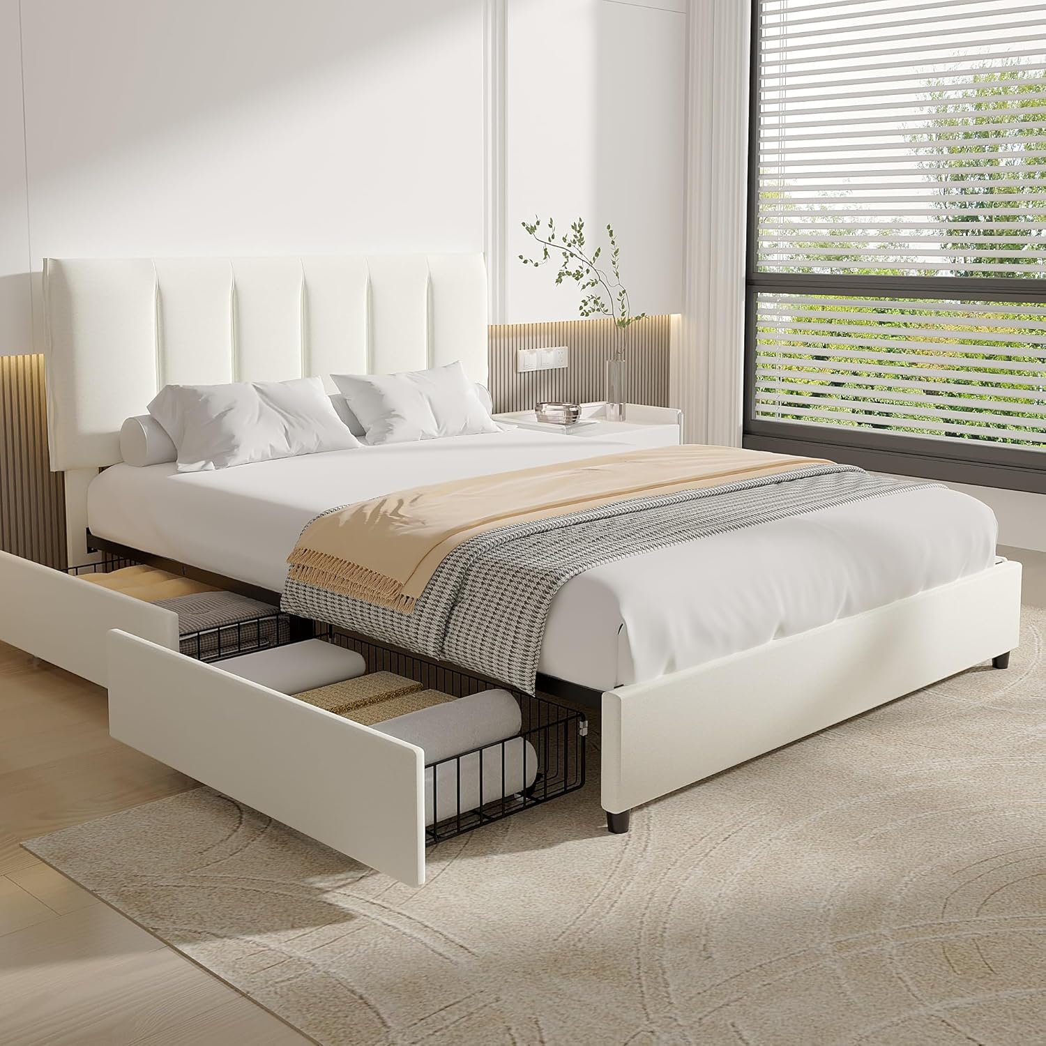 VECELO Upholstered Bed Frame with 4 Storage Drawers and Adjustable Velvet Headboard - VECELO