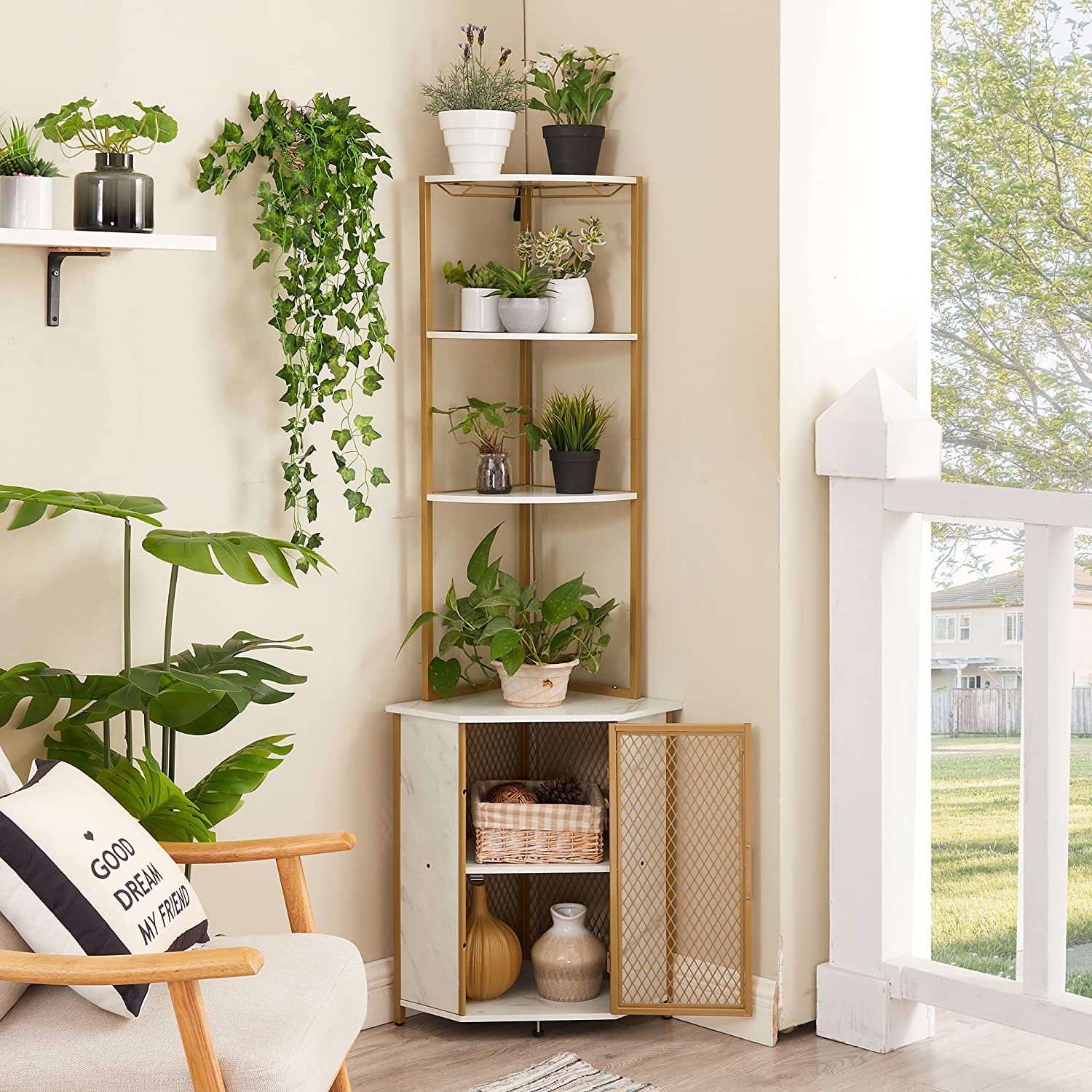 VECELO Corner Cabinet, Tall Storage Shelf Bookshelf Display Shelves Rack - VECELO