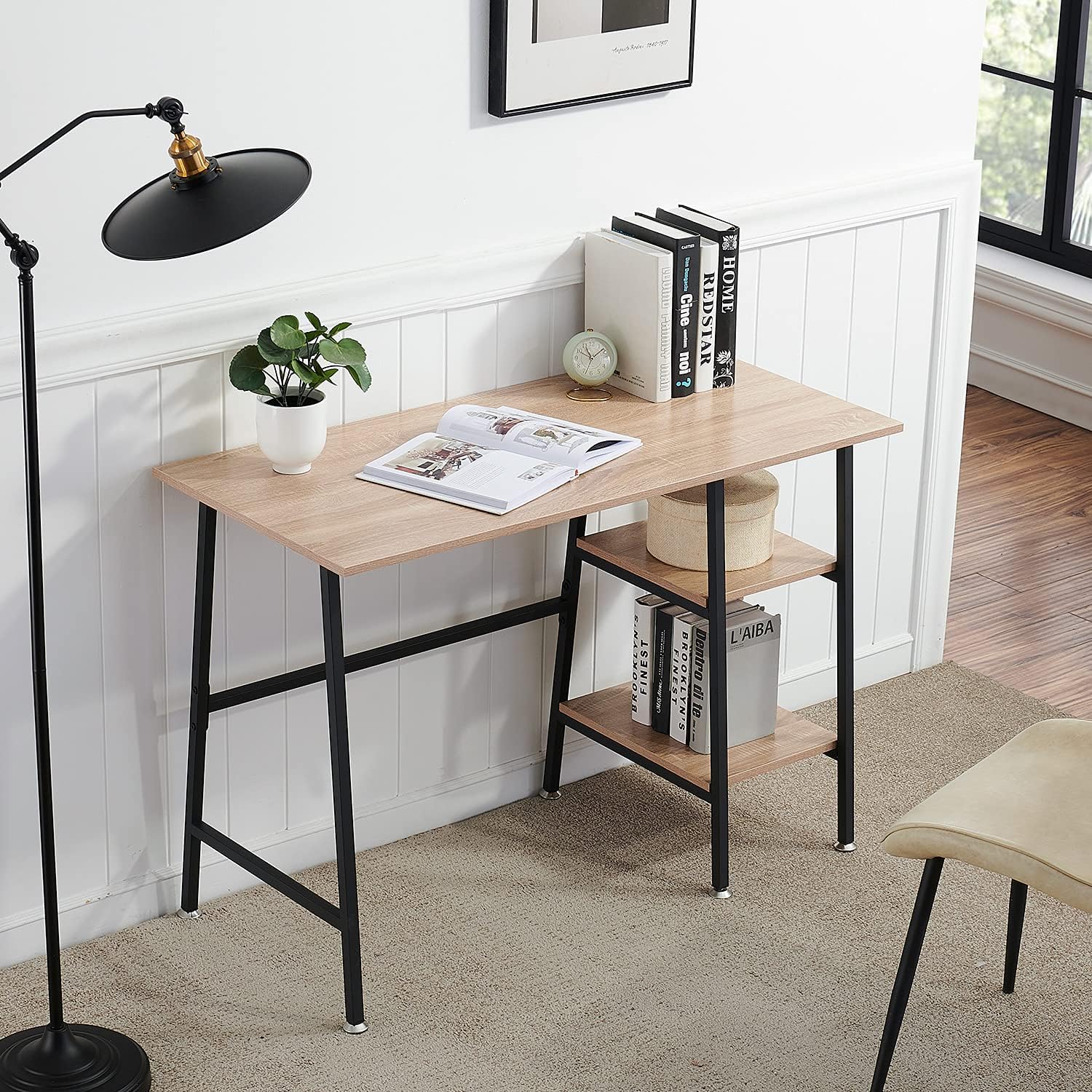 VECELO Computer Writing Desk with 2 Tier Storage Shelves, Modern Simple Student Study Table - VECELO