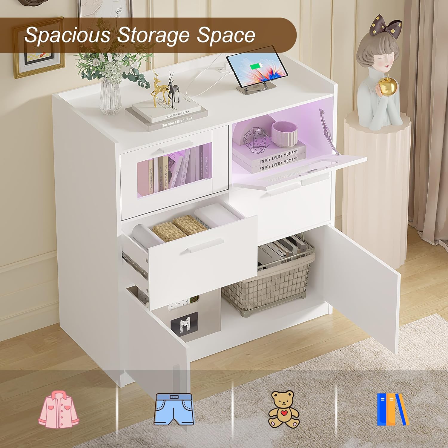 VECELO Dresser for Bedroom Chest of 4 Drawers/6 Drawer with Adjustable LED Lights - VECELO