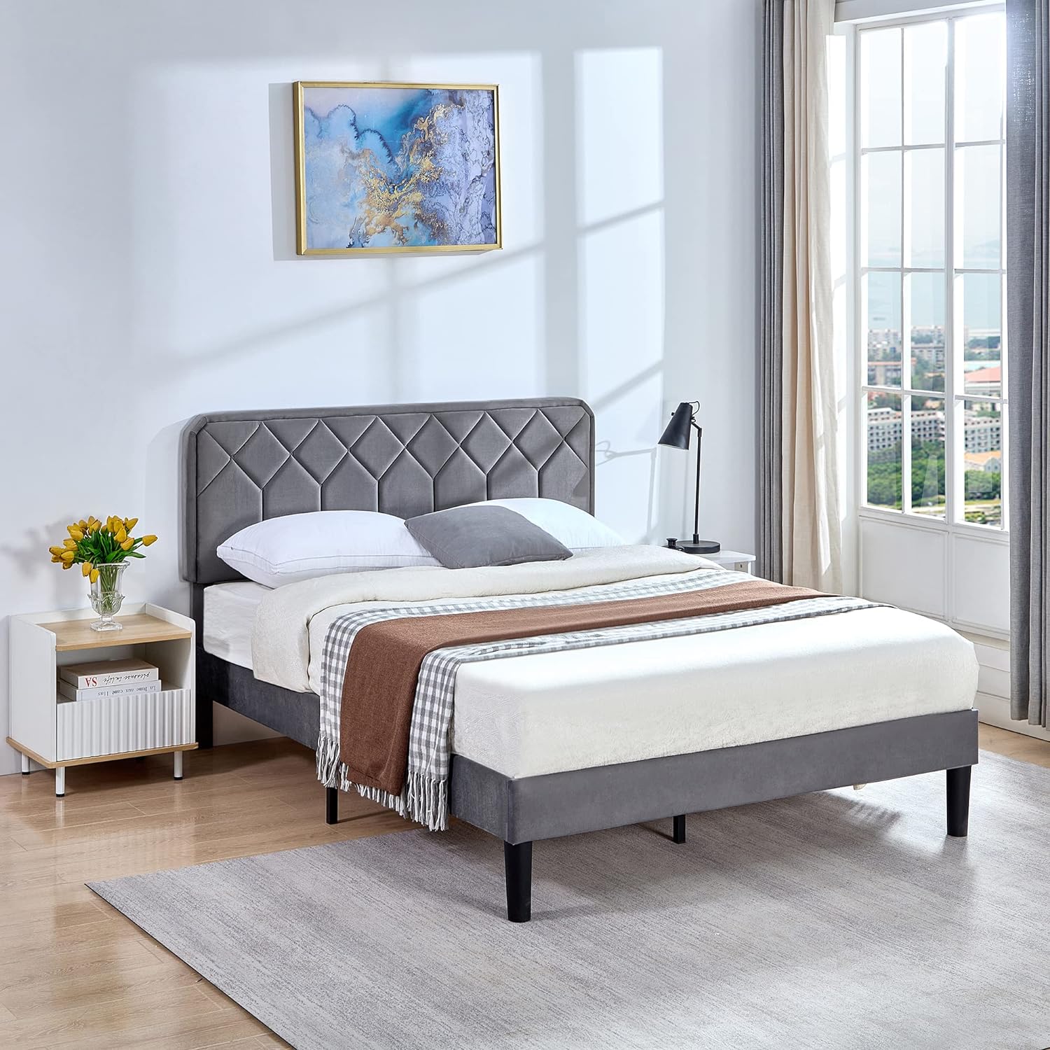 VECELO Premium Leather Upholstered Platform Bed Frame - VECELO