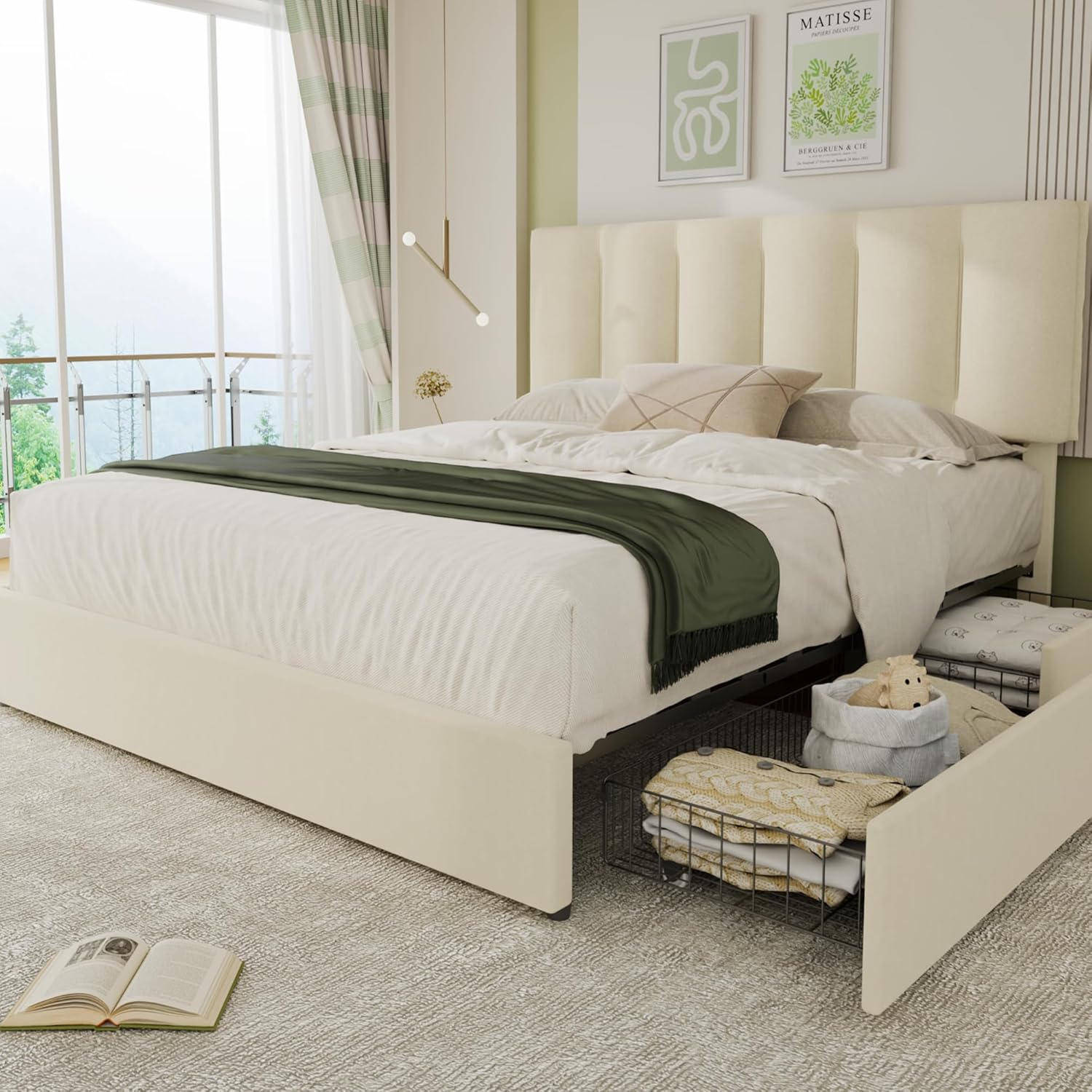 VECELO Upholstered Bed Frame with 4 Storage Drawers and Adjustable Velvet Headboard - VECELO