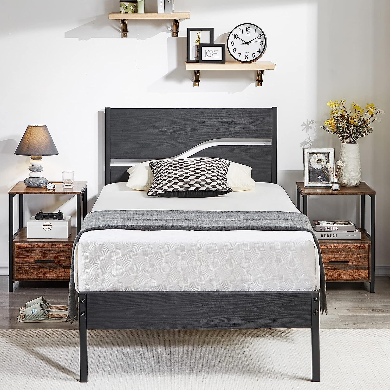 VECELO Platform Bed Frame/Mattress Foundation with Rustic Vintage Wood Headboard - VECELO