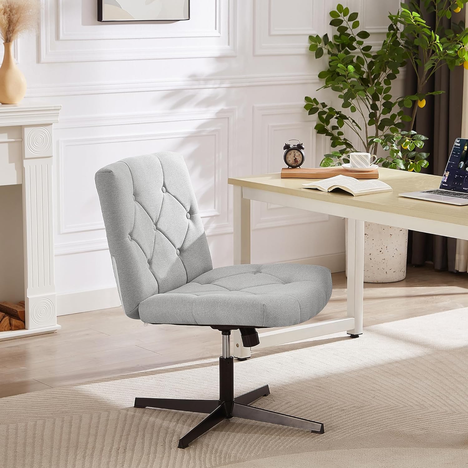 VECELO Criss Cross Armless Office Desk Chair No Wheels Comfy Wide Fabric Padded