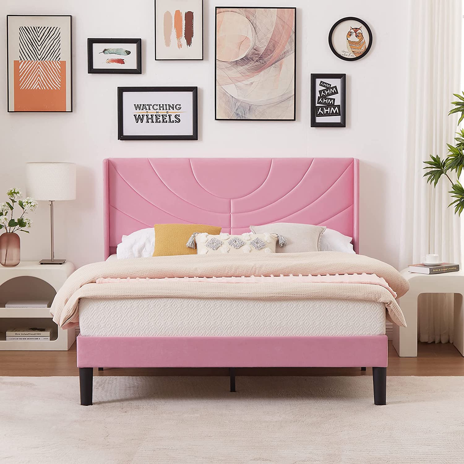 VECELO Upholstered Platform Bed Frame with Adjustable Fabric Headboard - VECELO