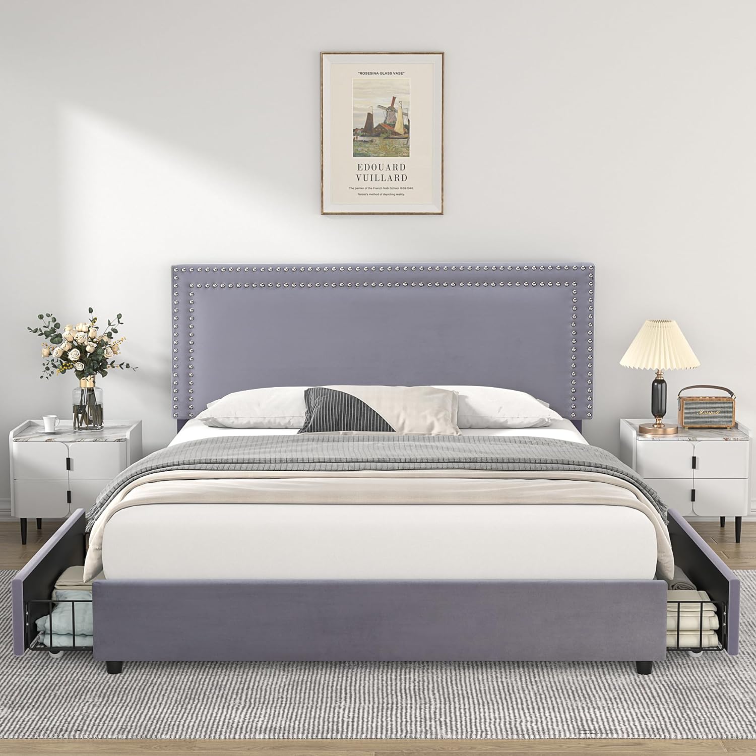VECELO Upholstered Platform Bed Frame Platform with 4 Storage Drawers - VECELO