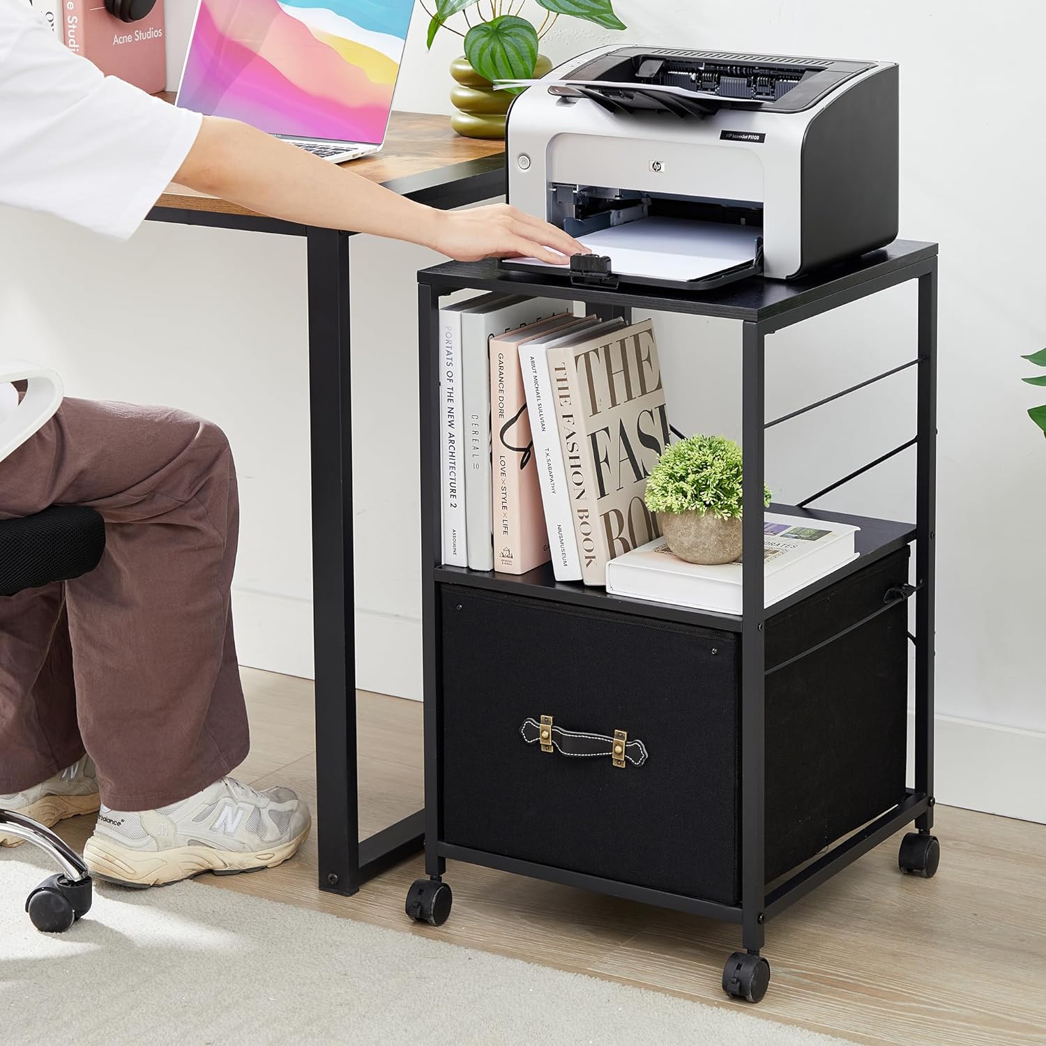 VECELO File Cabinet with Open Storage Shelf, Rolling Printer Stand with Large Fabric Drawer - VECELO