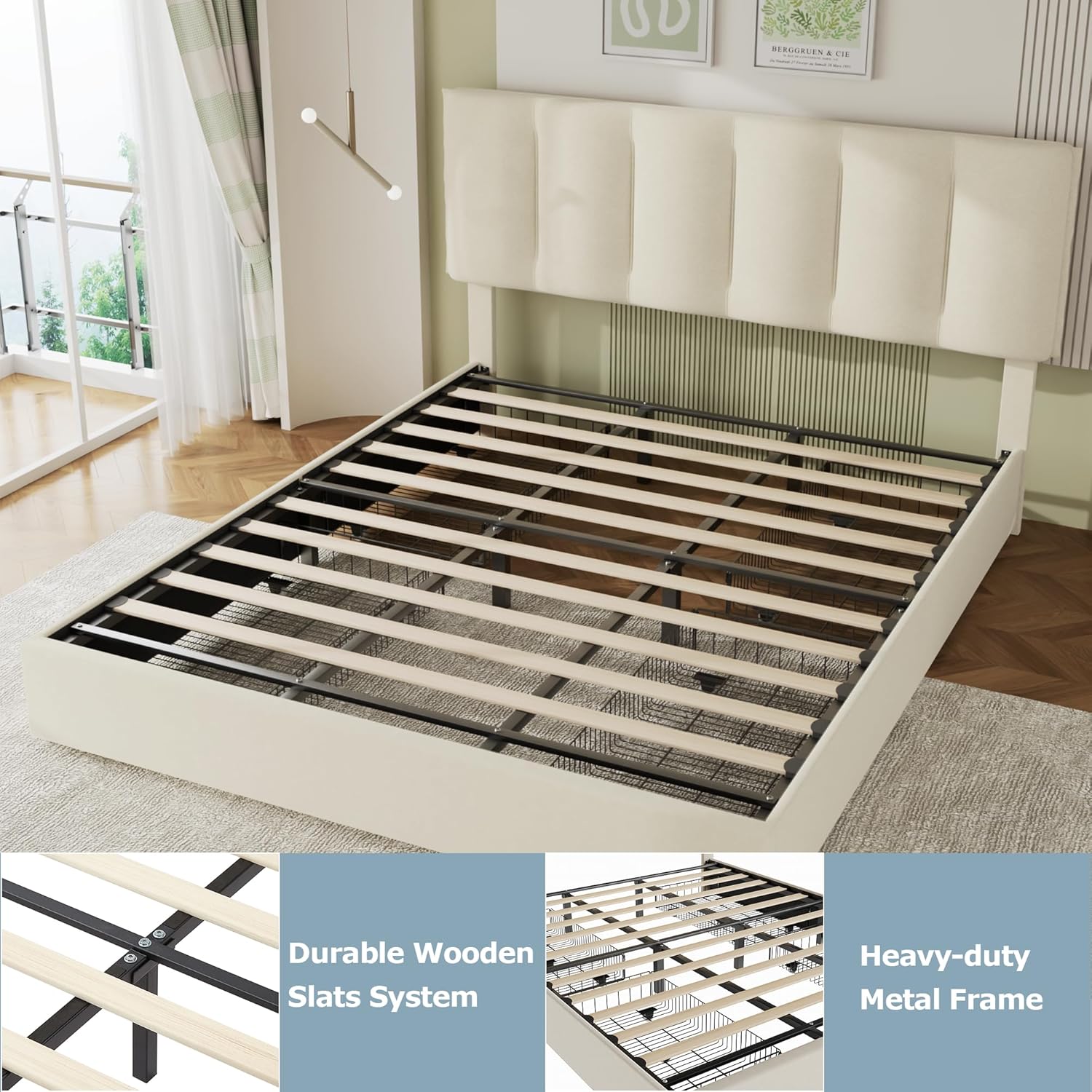 VECELO Upholstered Bed Frame with 4 Storage Drawers and Adjustable Velvet Headboard - VECELO