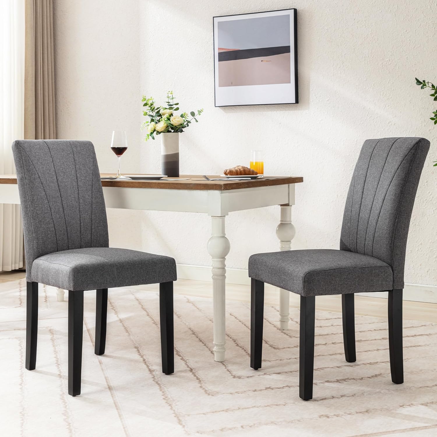 VECELO Set of 2 Upholstered Dining Chairs, Modern Fabric and Solid Wood Legs & High Back - VECELO