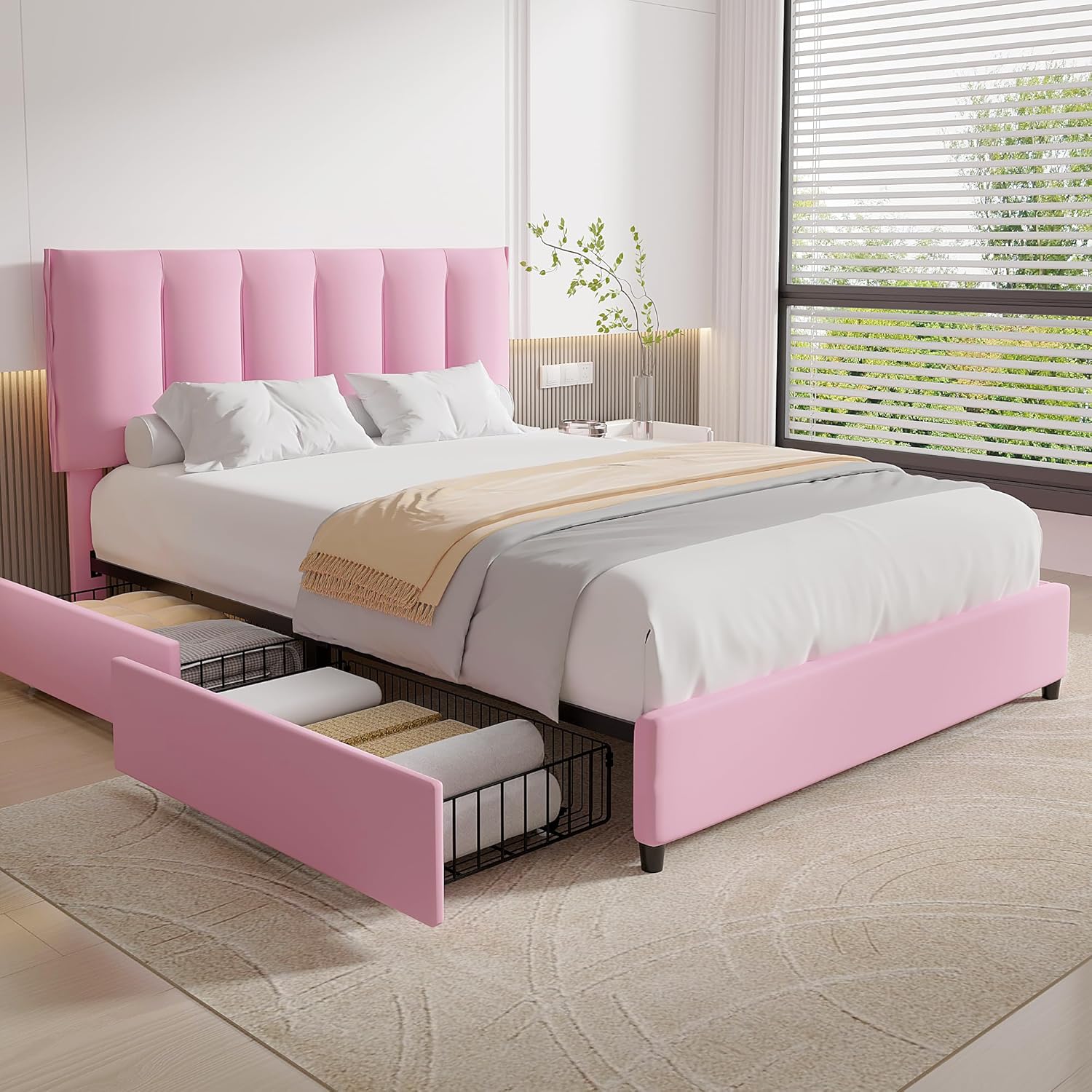 VECELO Upholstered Bed Frame with 4 Storage Drawers and Adjustable Velvet Headboard - VECELO