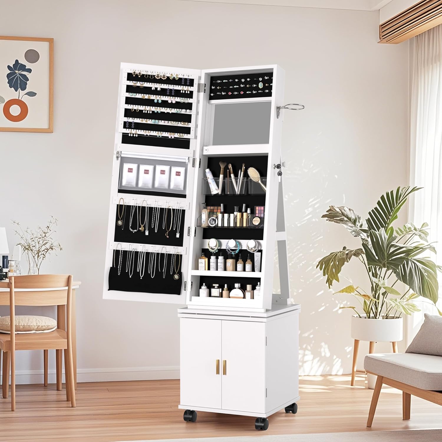 VECELO Lockable Standing Jewelry Armoire Organizer with Drawers and Shelf - VECELO