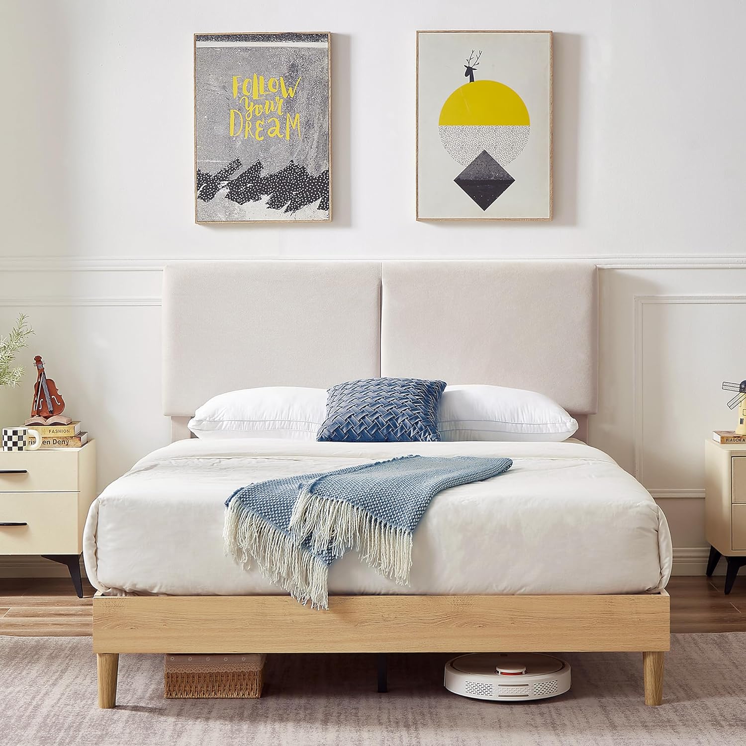 VECELO Upholstered Platform Bed Frame with Height-Adjustable Cotton and Linen Headboard - VECELO