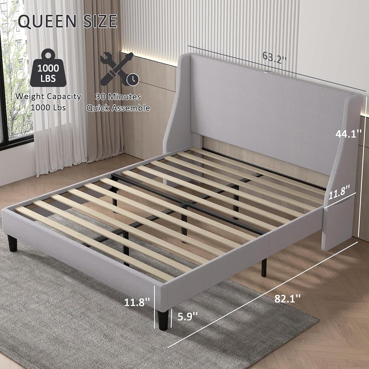 VECELO Bed Frame with Upholstered Wingback Headboard - VECELO