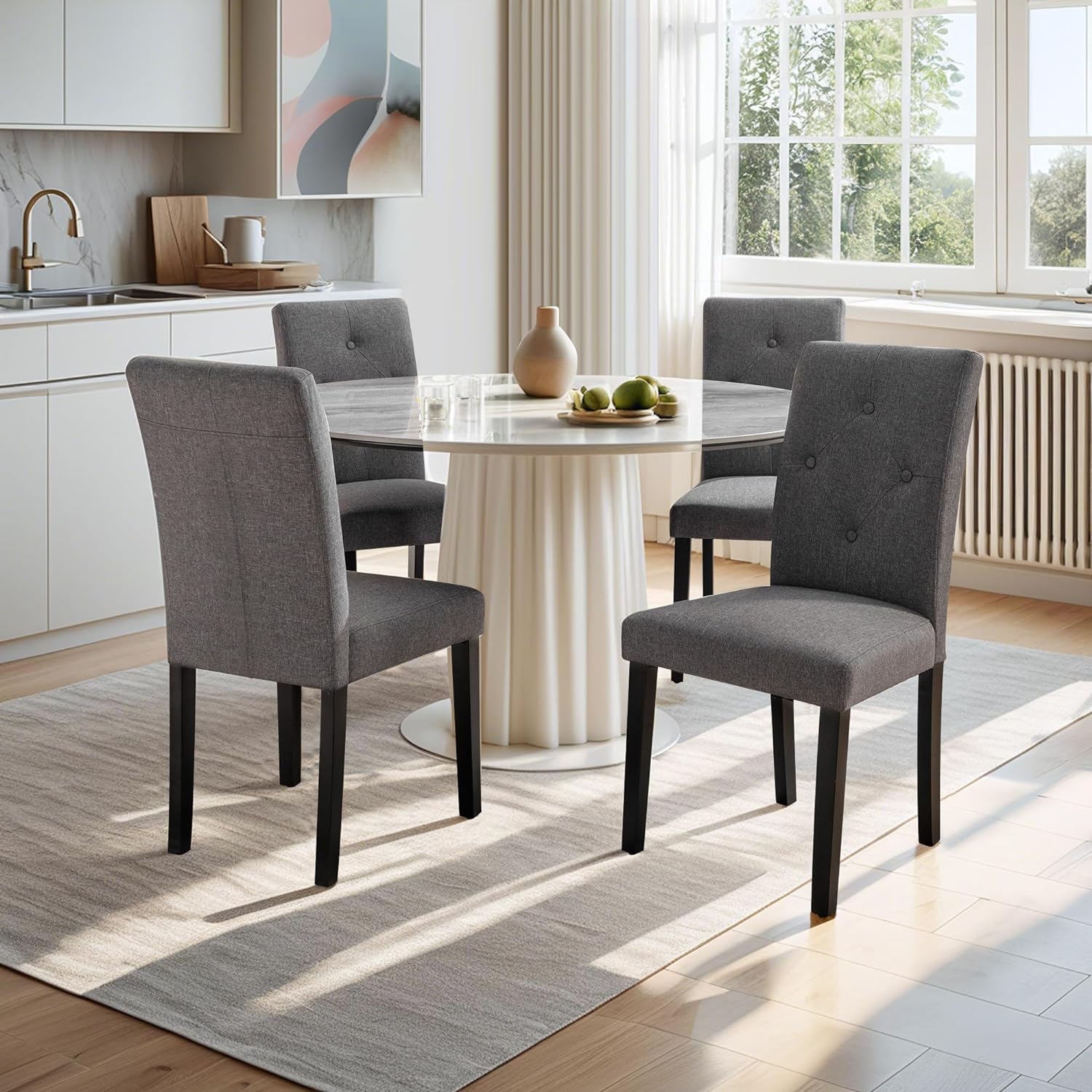 VECELO Upholstered Dining Set of 2 Modern Fabric Dinning Chair with Solid Wood Legs and High Back - VECELO