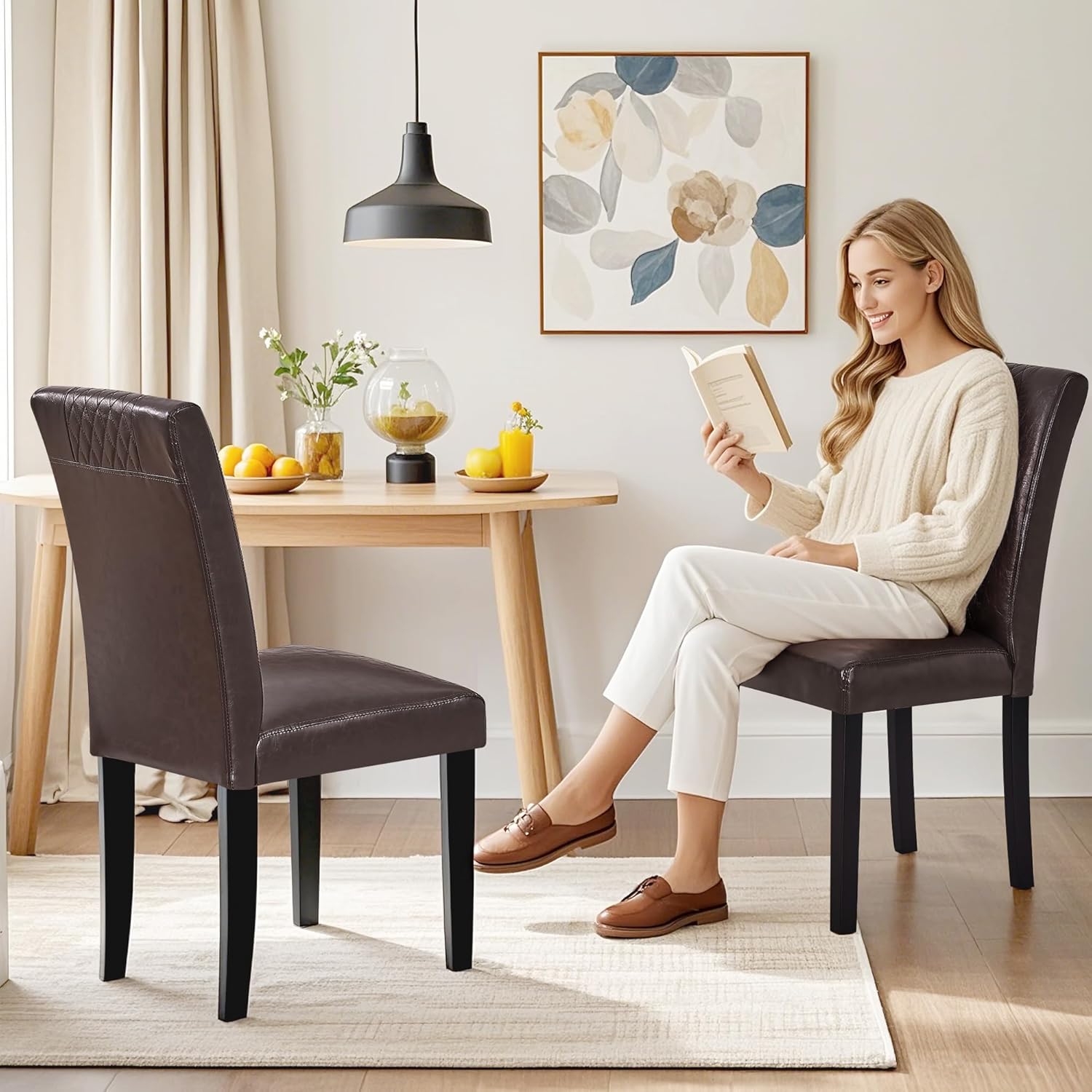 VECELO Dining Chairs Set of 2, Upholstered Fabric Wood Legs High Back for Kitchen Living Room - VECELO