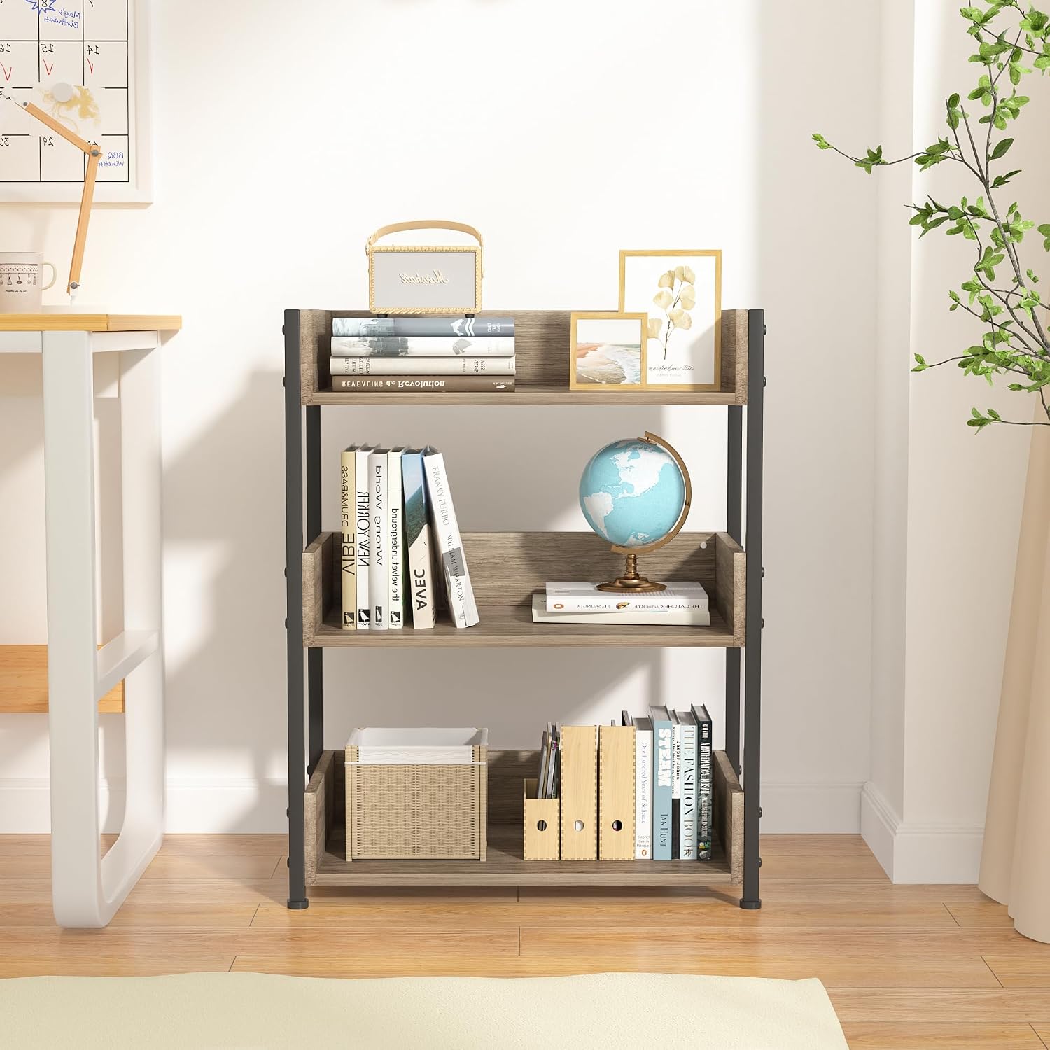 VECELO Bookshelf, 30" H Small Bookcase,3-Tier Storage Organizer,Wood Bookcase with Steel Frame