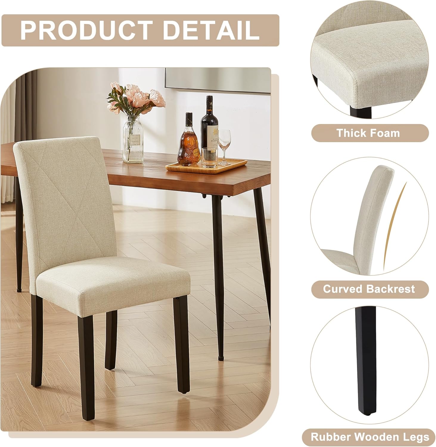 VECELO Upholstered Dining Chairs Set of 2 Modern Fabric and High Back & Solid Wood Legs for Kitchen - VECELO