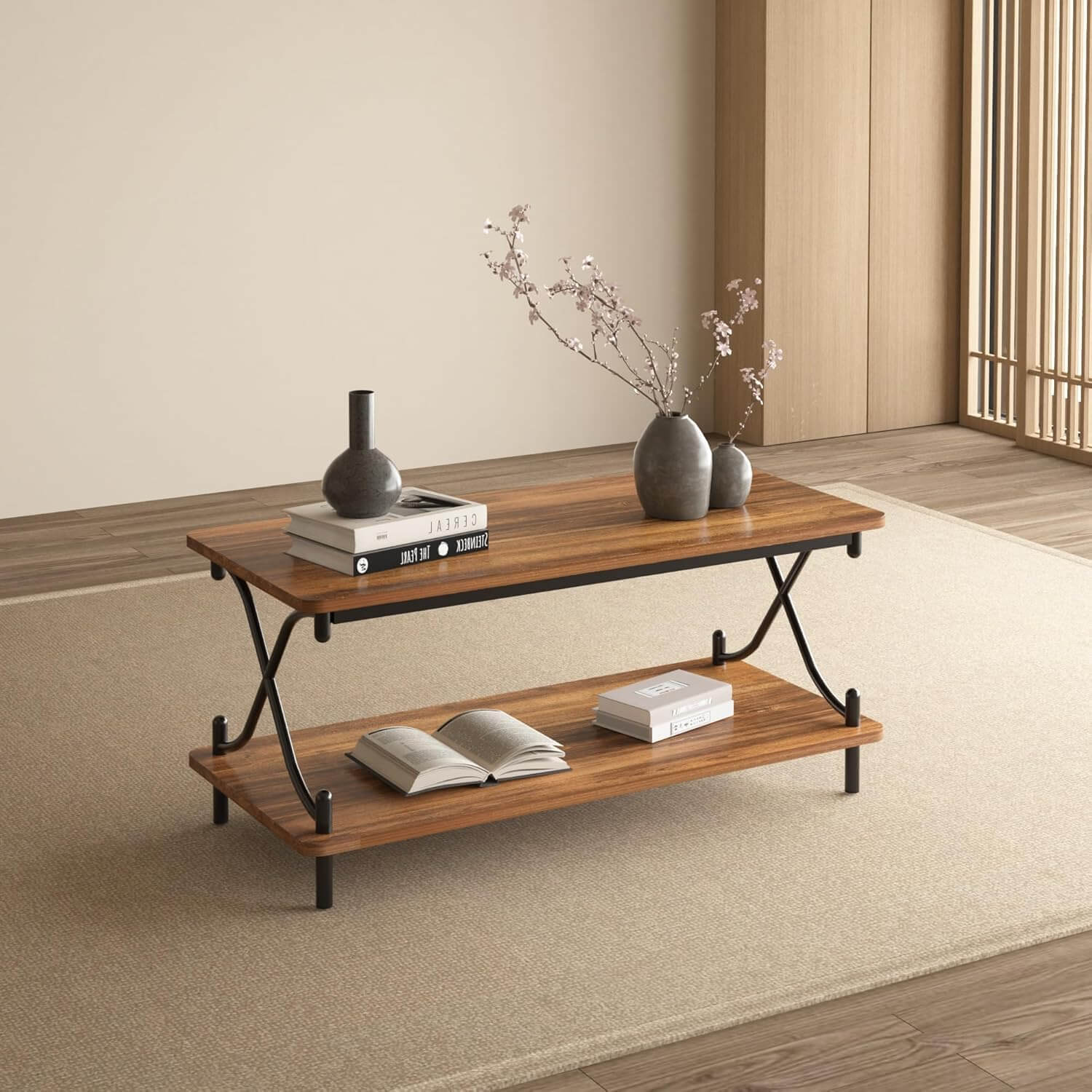 VECELO 39-Inch Coffee Table with Storage and Open Shelves - VECELO