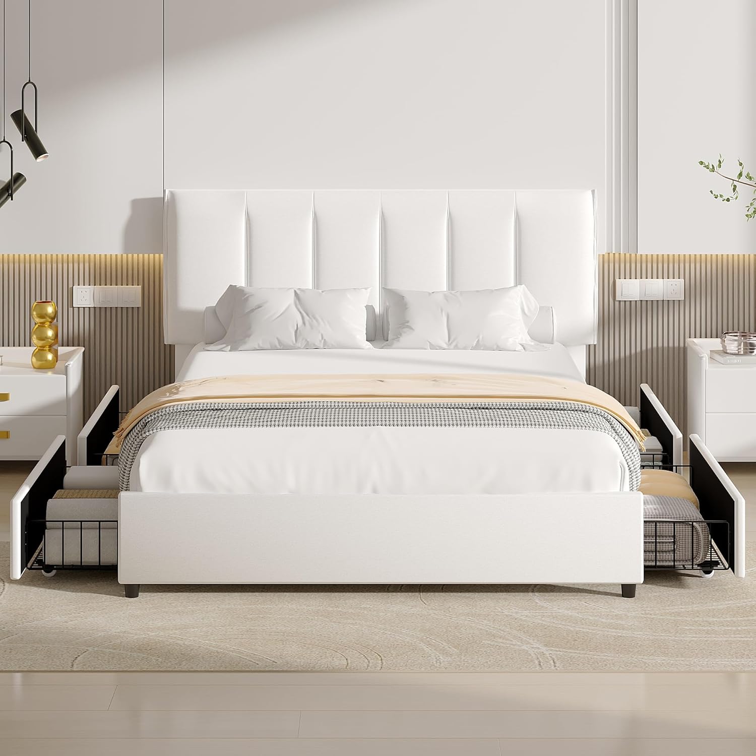 VECELO Upholstered Bed Frame with 4 Storage Drawers and Adjustable Velvet Headboard - VECELO