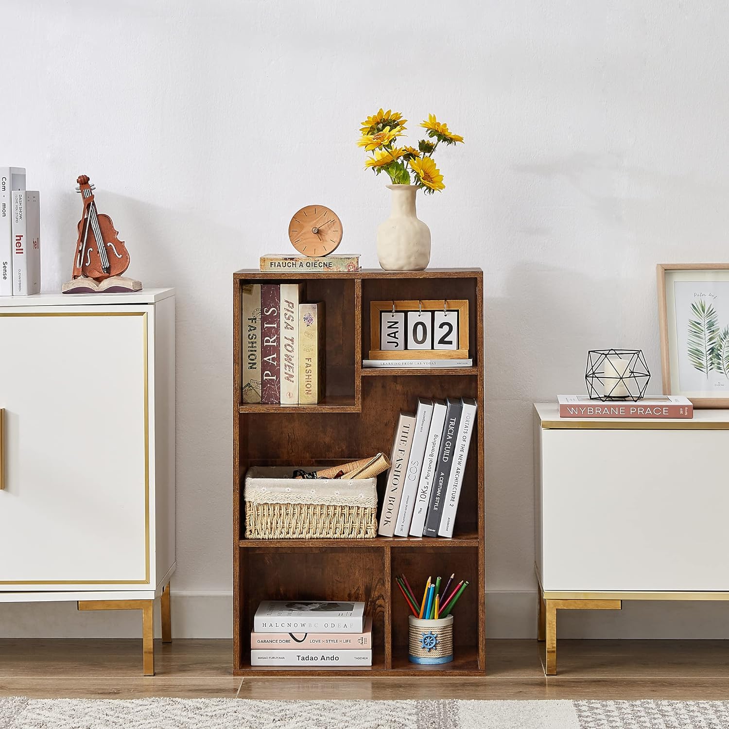 VECELO Modern 3-Tier Small Bookcase, 4 Cube/5 Cube Bookshelf/Storage Organizer - VECELO