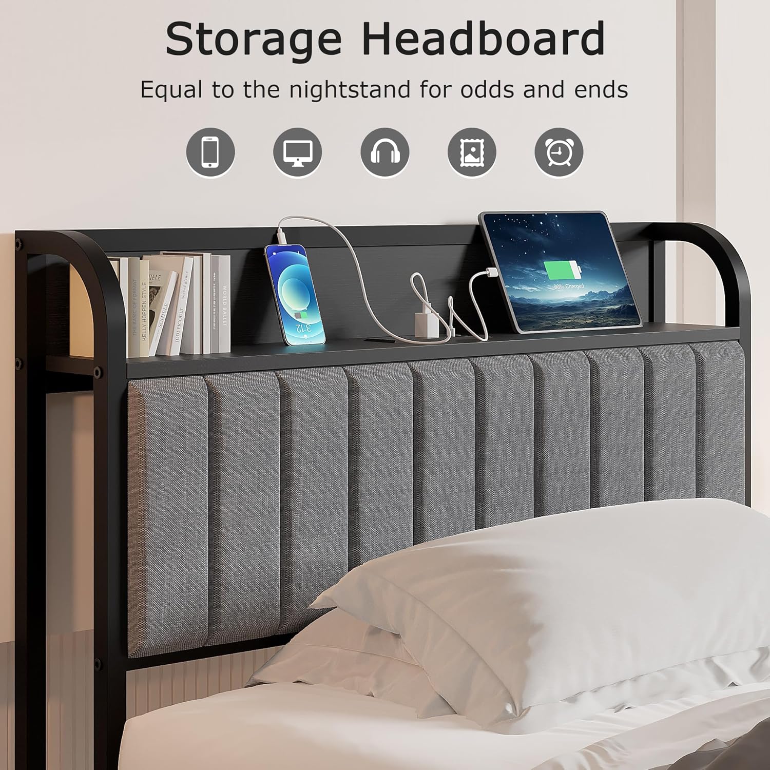 VECELO Twin Bed Frame, Storage Upholstered Headboard with Charging Station - VECELO