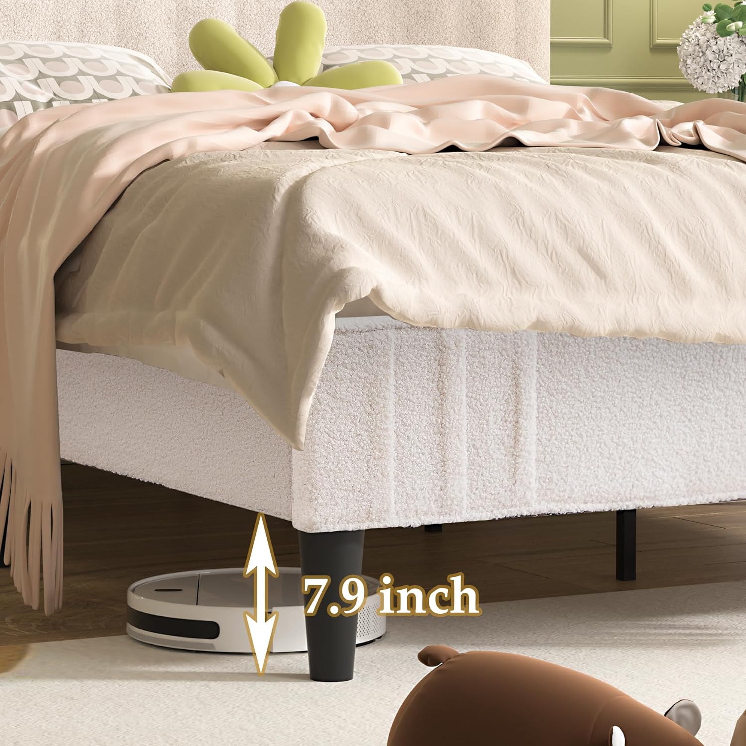 VECELO Upholstered Platform Bed Frame with Sheepskin Fabric Adjustable Headboard/Strong Wood Slats Supports - VECELO
