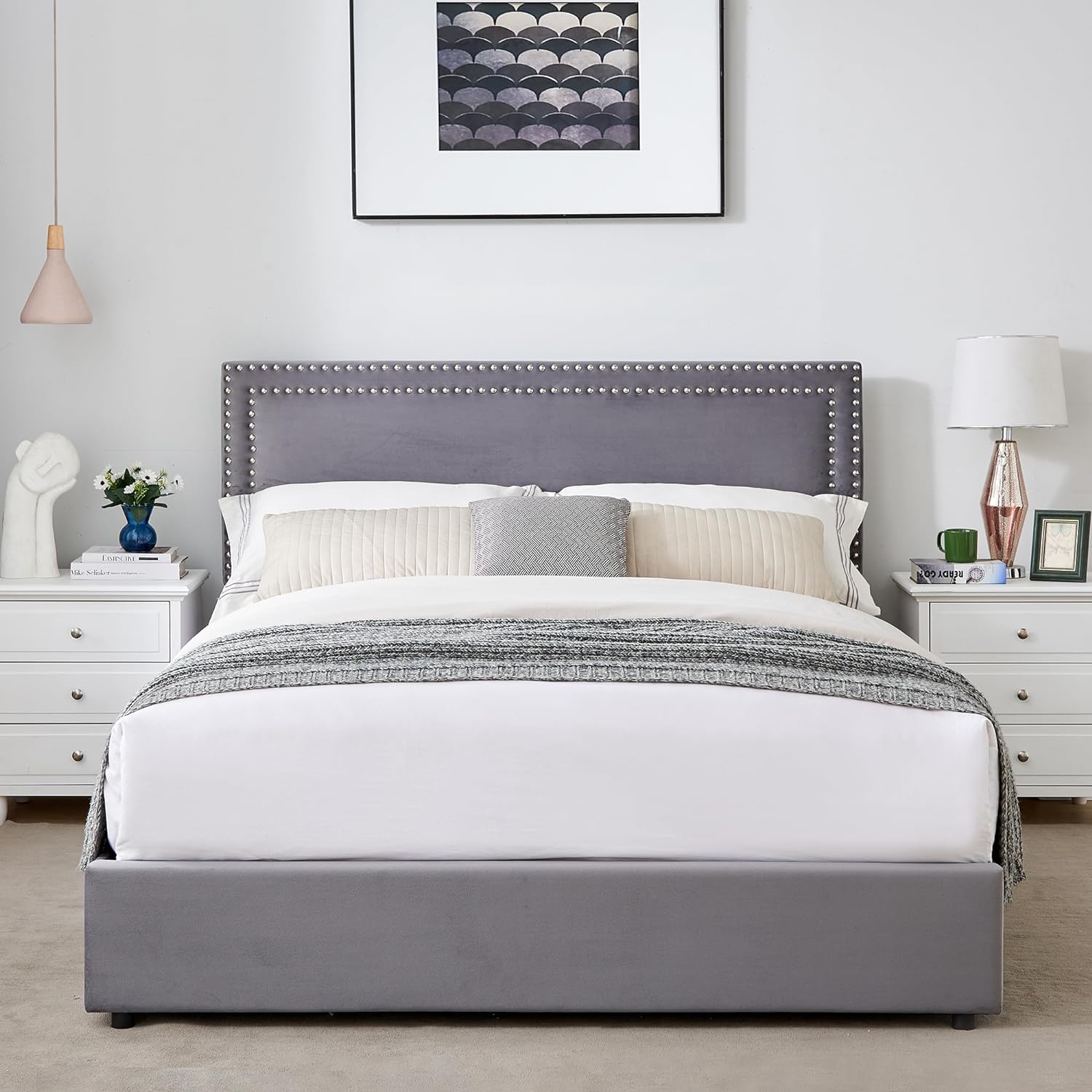 VECELO Upholstered Platform Bed Frame Platform with 4 Storage Drawers - VECELO
