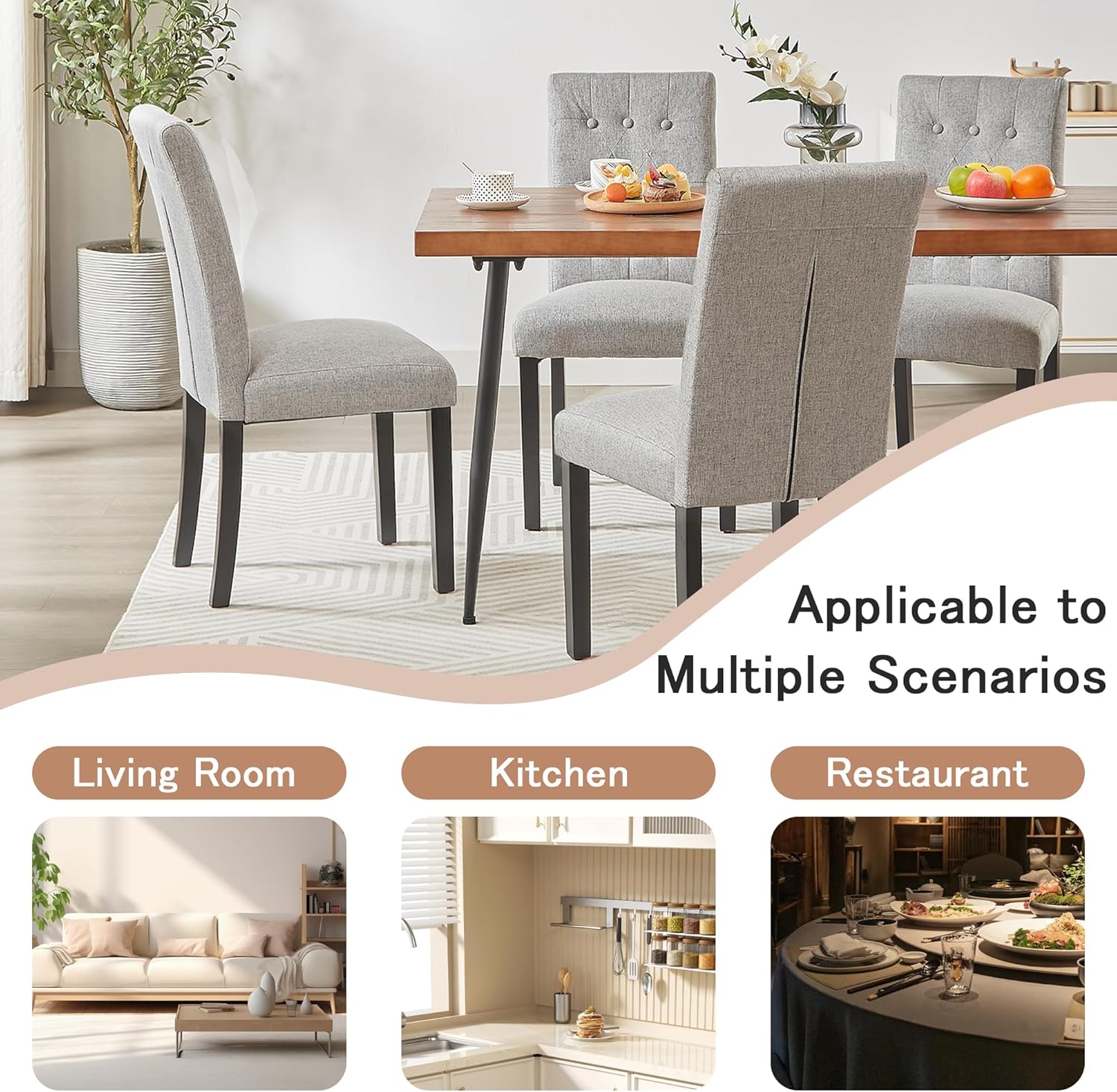 VECELO Upholstered Dining Chairs Set of 2 Button Tufted Back, Padded Seat, Wood Legs with Rubber Footpads - VECELO
