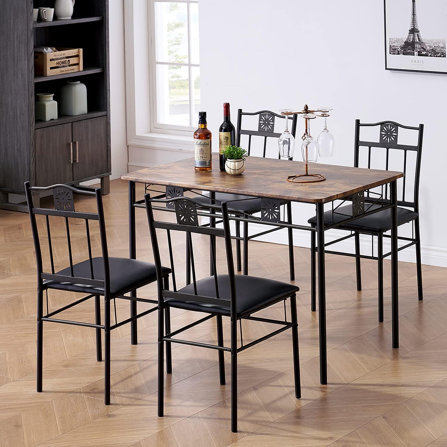 VECELO 5 Piece Dining Table Set with 4 Chairs Metal and Wood Rectangular Table - VECELO