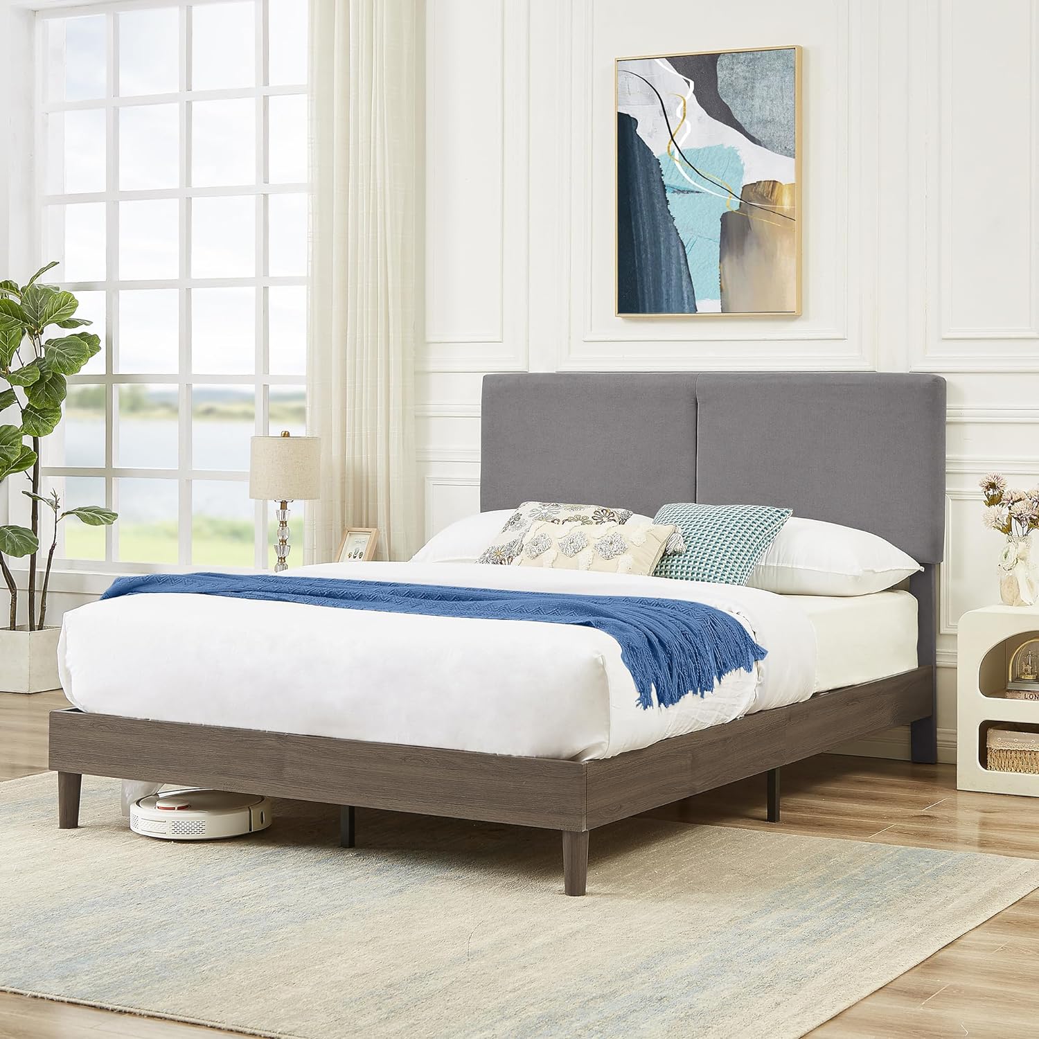 VECELO Upholstered Platform Bed Frame with Height-Adjustable Cotton and Linen Headboard - VECELO