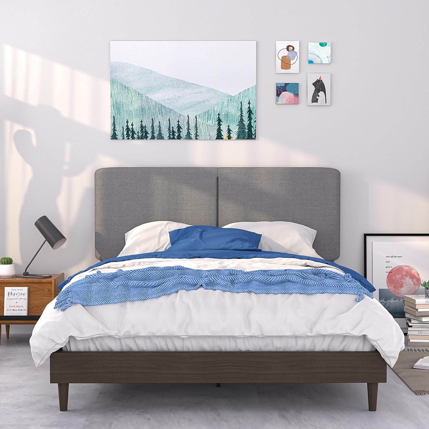 VECELO Upholstered Platform Bed Frame with Height-Adjustable Cotton and Linen Headboard - VECELO