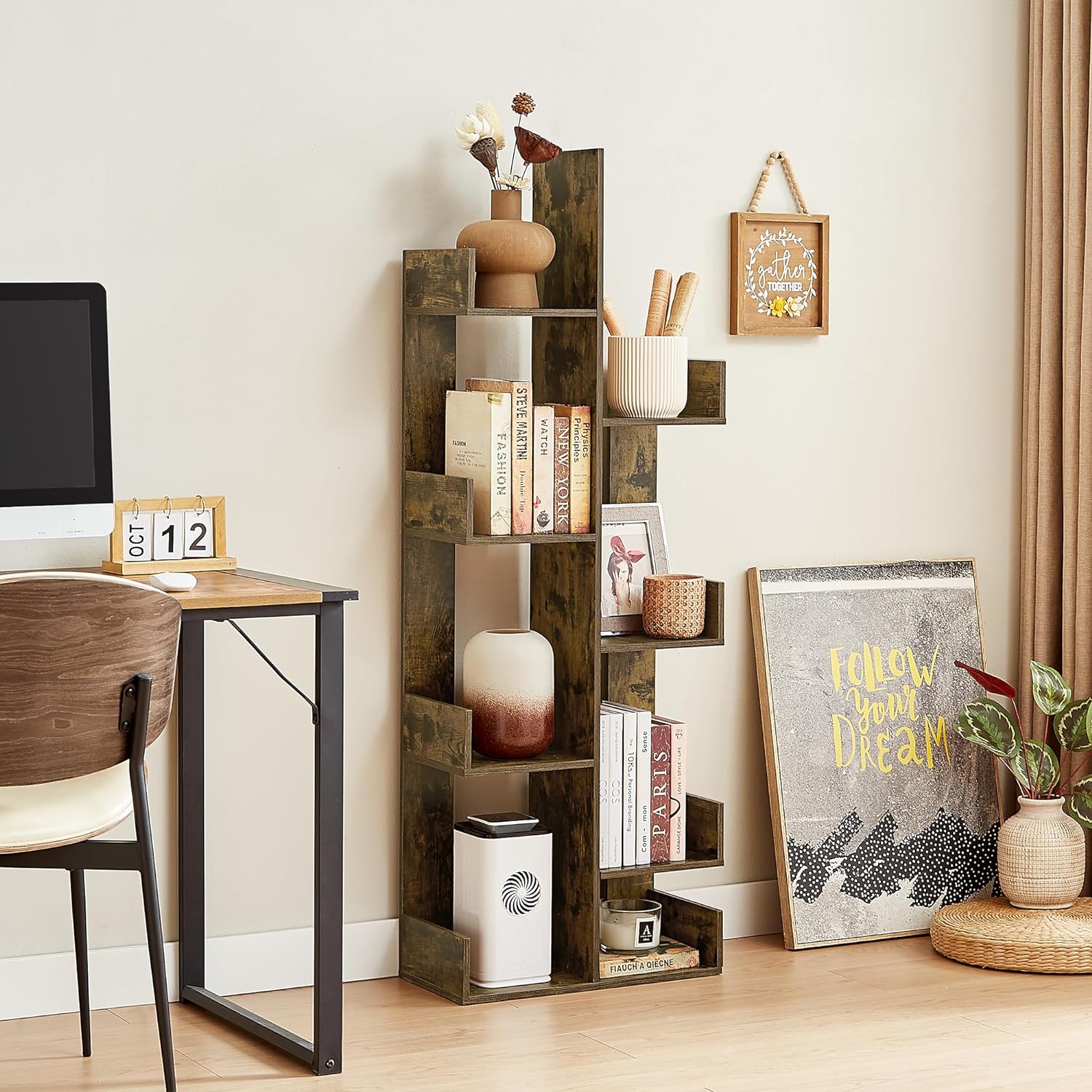 VECELO Tree Bookshelf, Geometric 8 Shelf Tree Bookcase Wood Bookshelves Display - VECELO