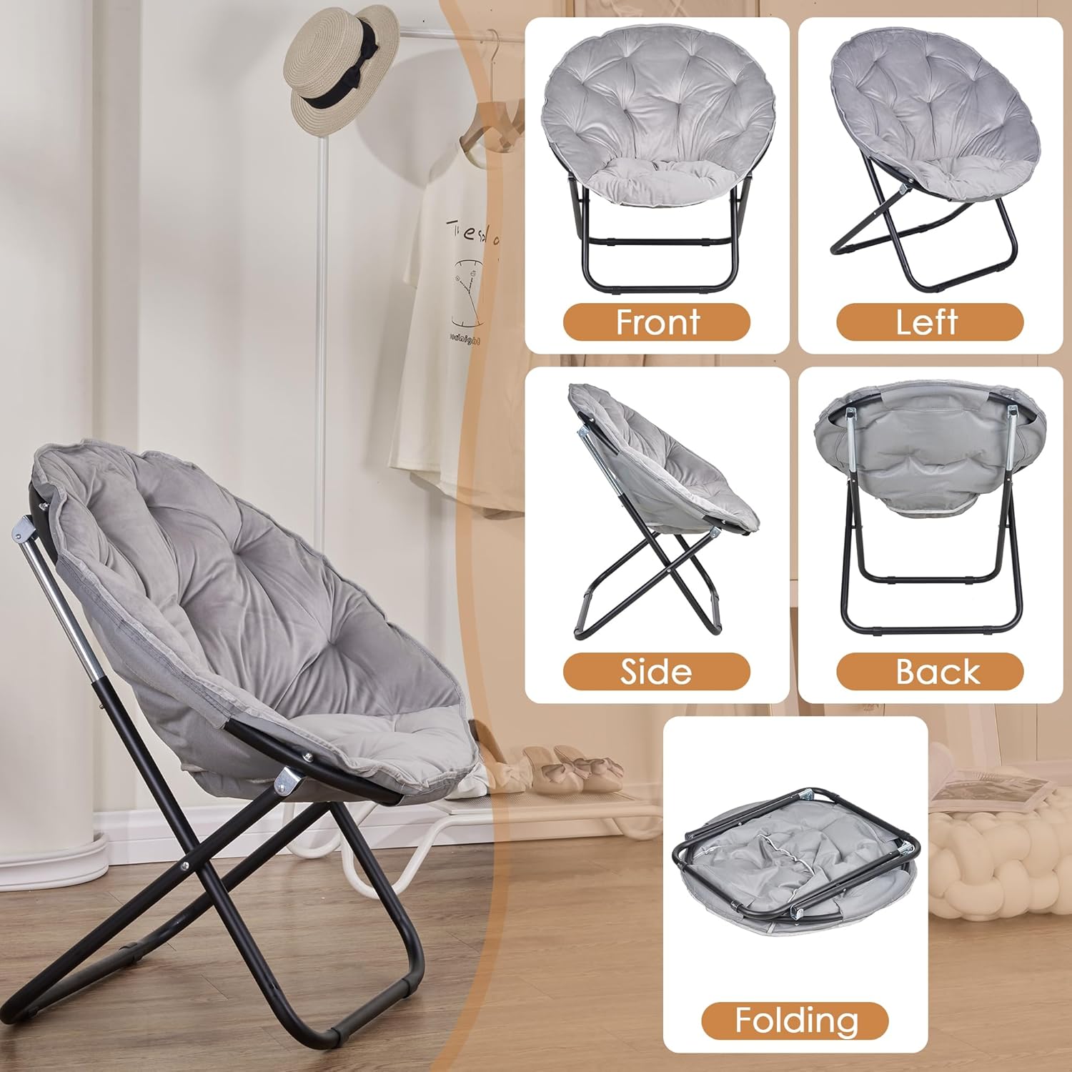 VECELO Saucer Chair for Adults, Folding Moon Chair with Metal Frame - VECELO