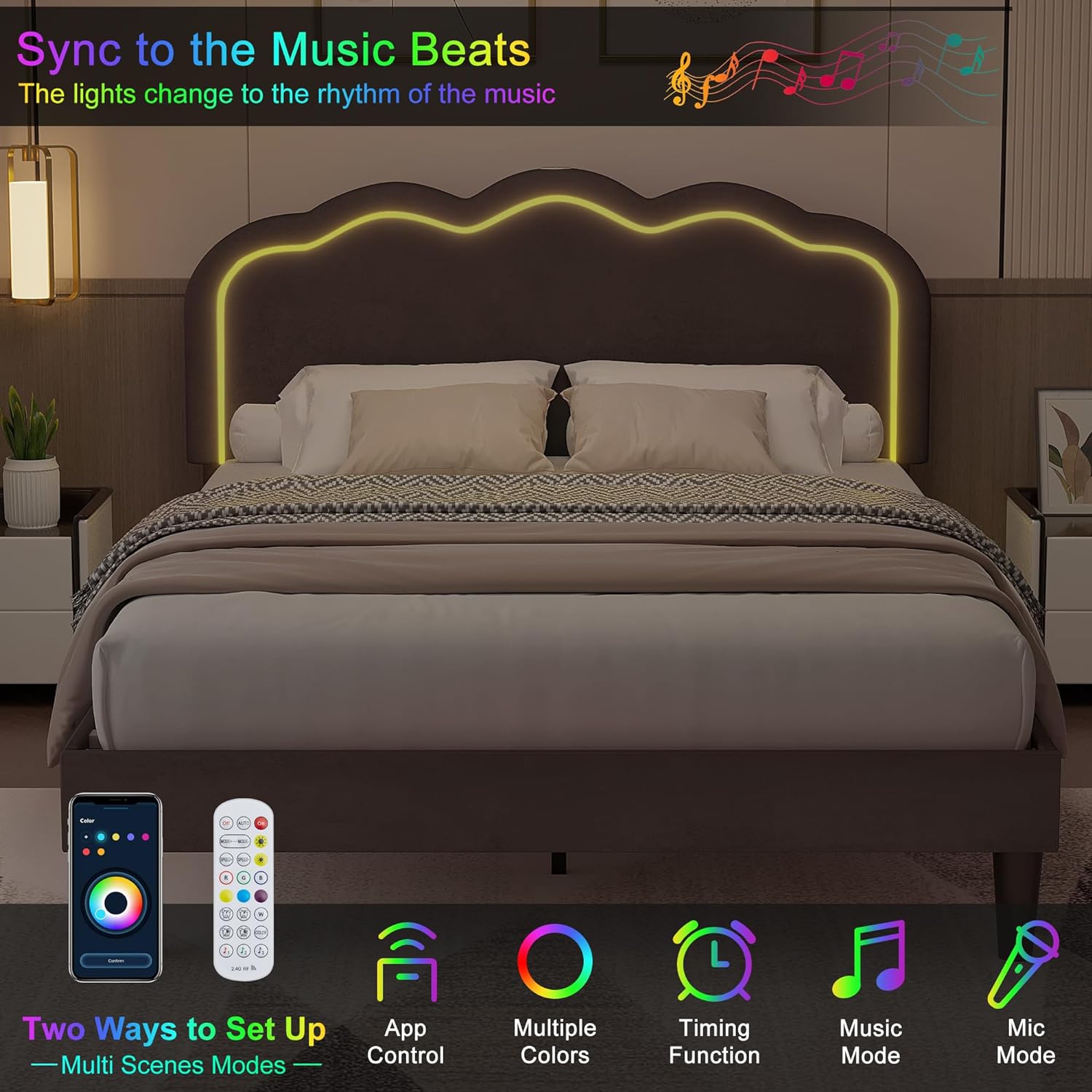 VECELO Upholstered Velvet Platform Bed Frame with Headboard Adjustable, LED Lights, USB-A & Type-C - VECELO