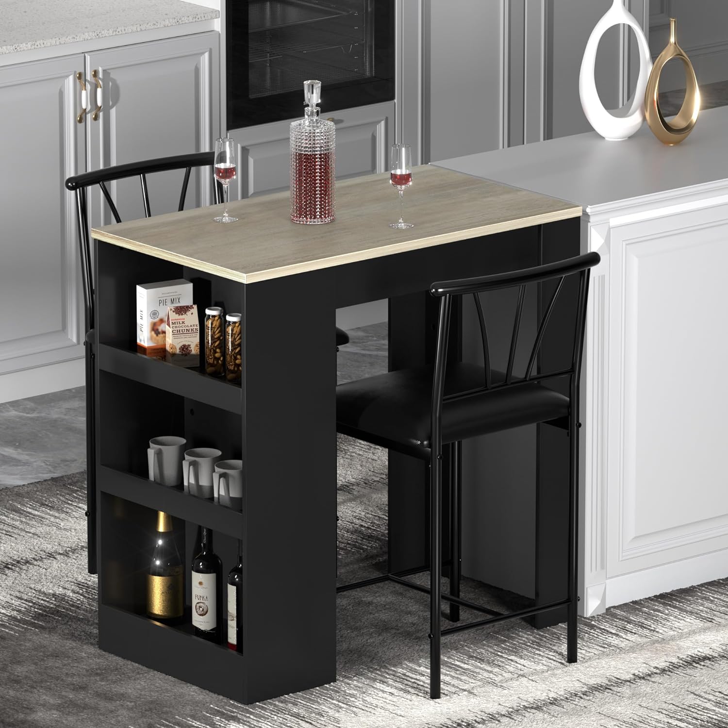 VECELO Small Bar Table and Chairs Tall Kitchen Breakfast Nook with Stools/Dining Set for 2 - VECELO