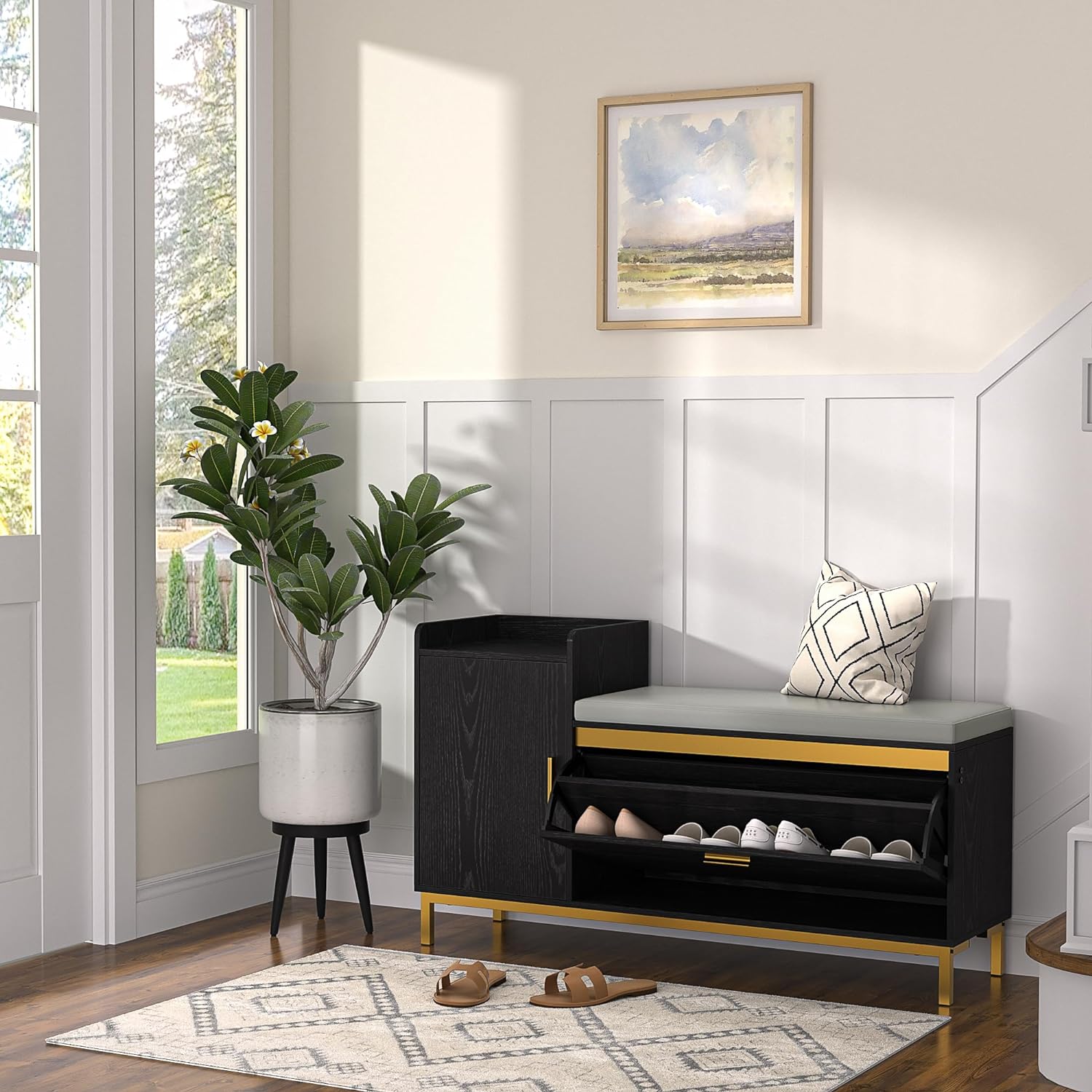 VECELO Shoe Storage Bench with Flip Drawers Entryway Cabinet with Removable Seat Cushion - VECELO