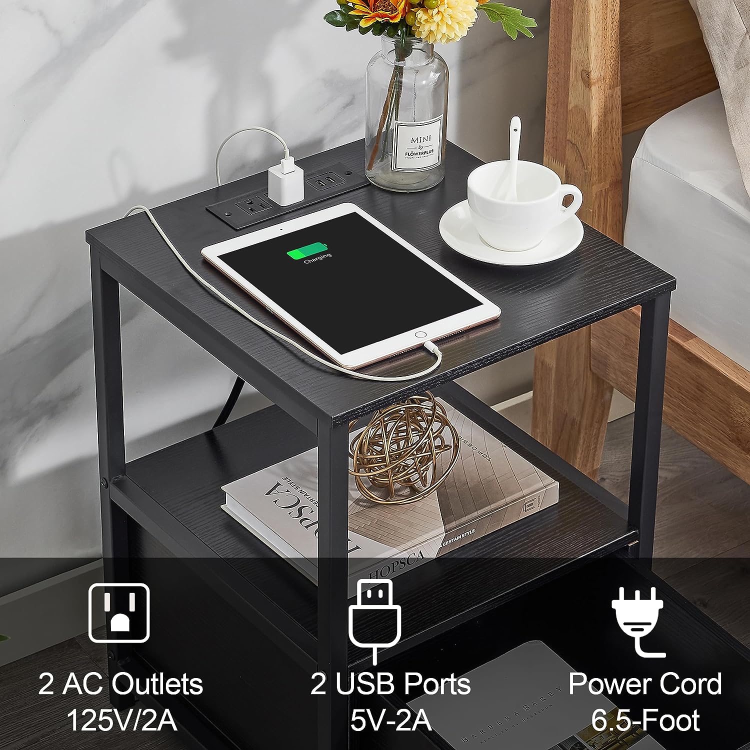 VECELO Modern Nightstand with Charging Station and USB Ports End Side Table - VECELO