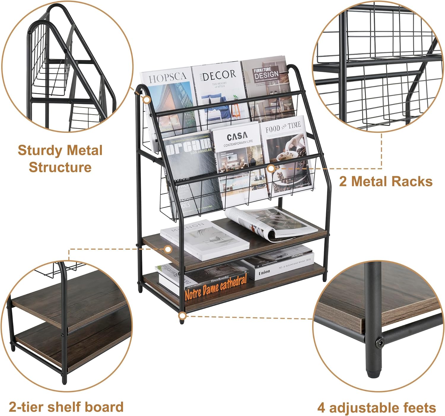 VECELO Newspaper Magazine Holders,2-Tier Metal Racks Brochure Display Stand - VECELO