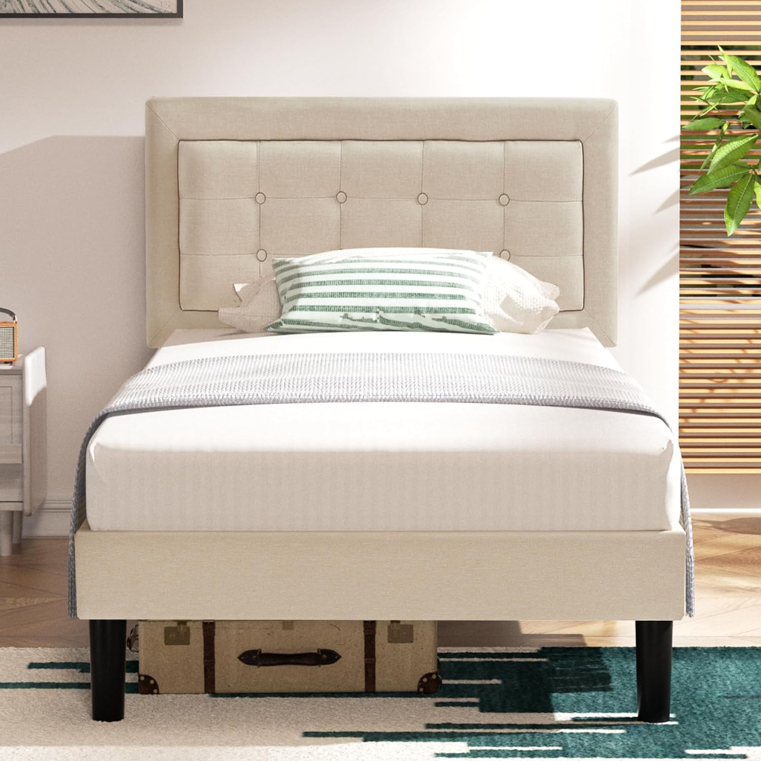 VECELO Upholstered Platform Bed Frame with Height Adjustable Headboard - VECELO